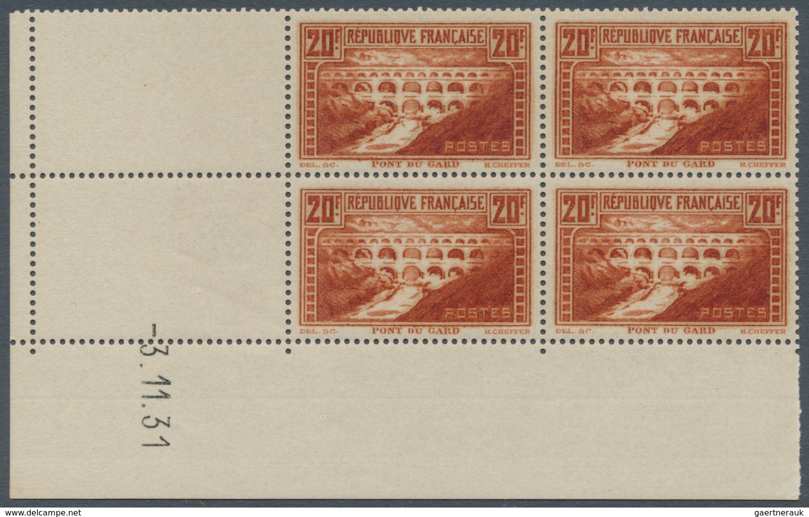 Frankreich: 1931, 20fr. "Pont Du Gard", Perf. 13, Type IIA "riviere Blanche", Marginal Block Of Four - Covers & Documents