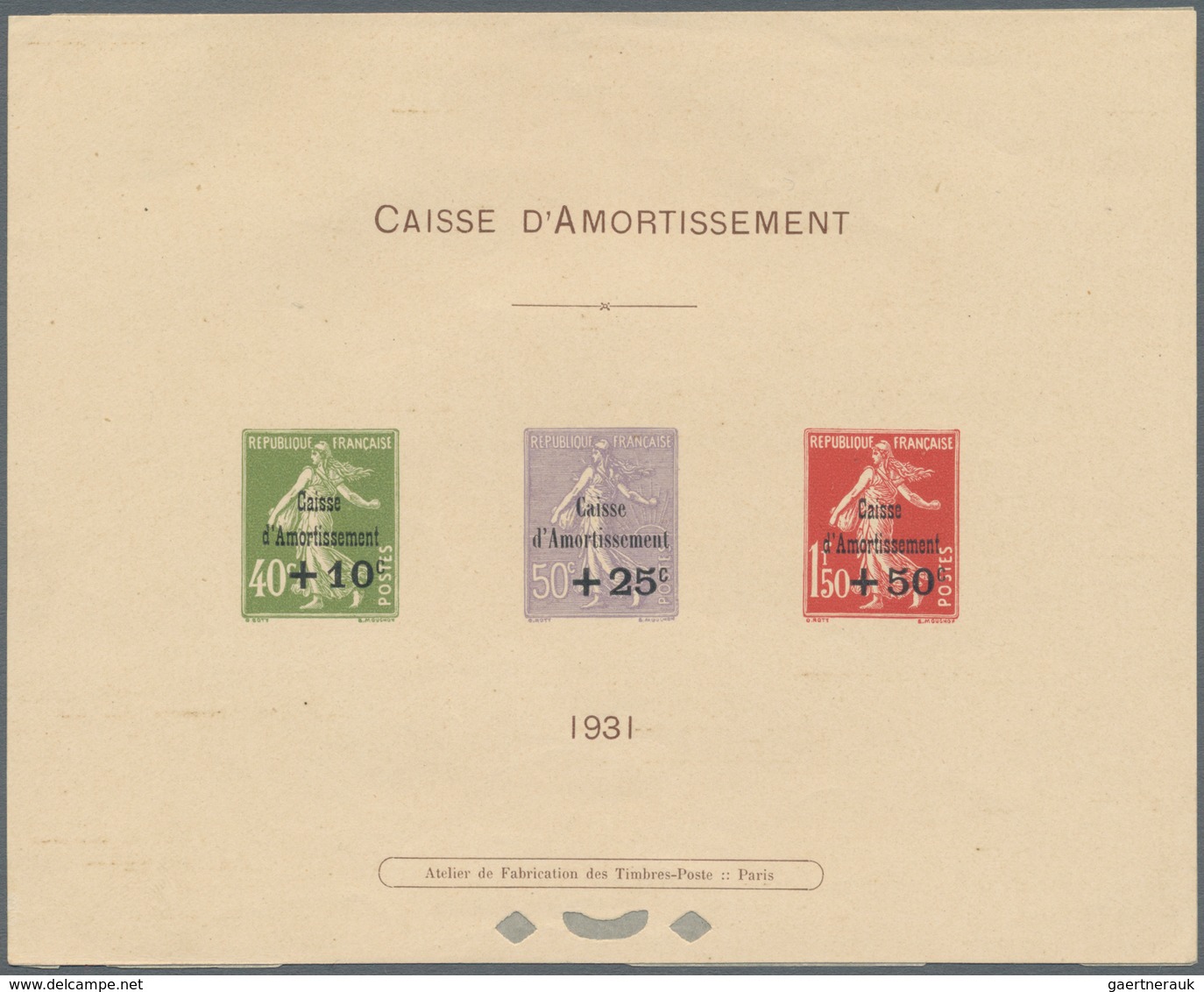 Frankreich: 1931, State Debt Redemption Fund, Three Stamps As Èupreuve Collective (Mi€900,-). - Covers & Documents