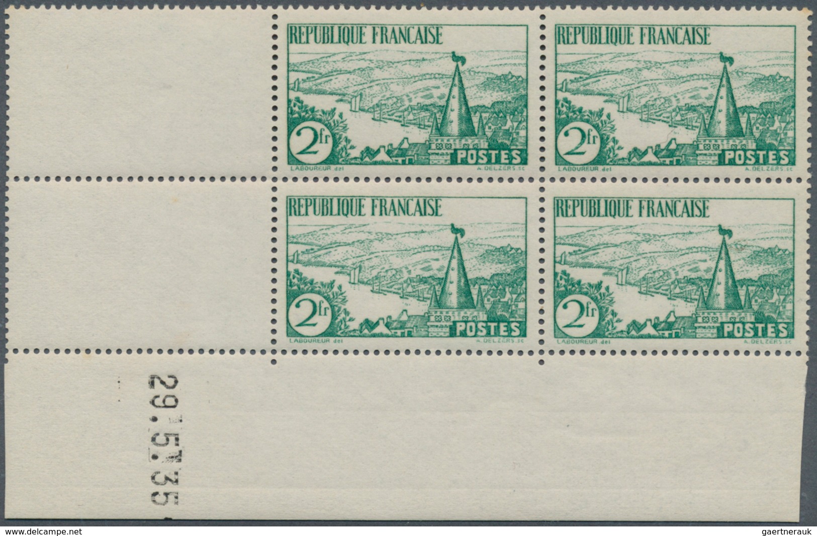 Frankreich: 1935, 2fr. "Breton Riverside", Two Marginal Block Of Four From The Lower Left Corner Of - Lettres & Documents