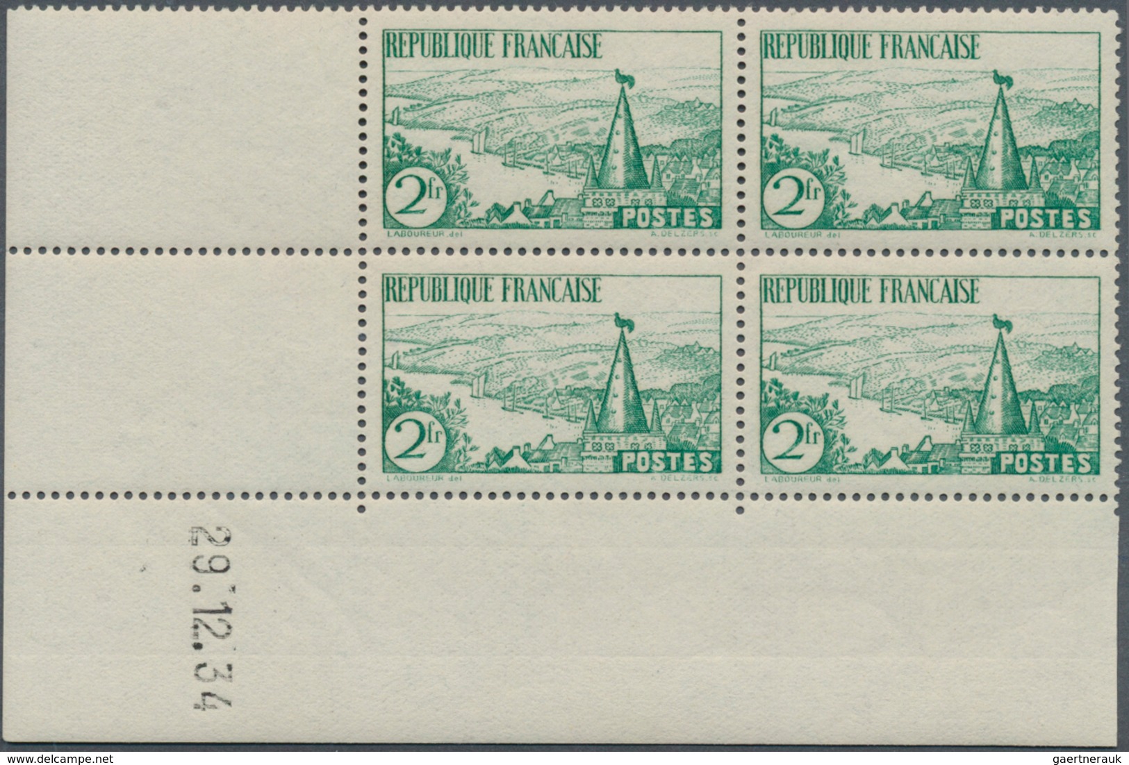 Frankreich: 1935, 2fr. "Breton Riverside", Two Marginal Block Of Four From The Lower Left Corner Of - Lettres & Documents