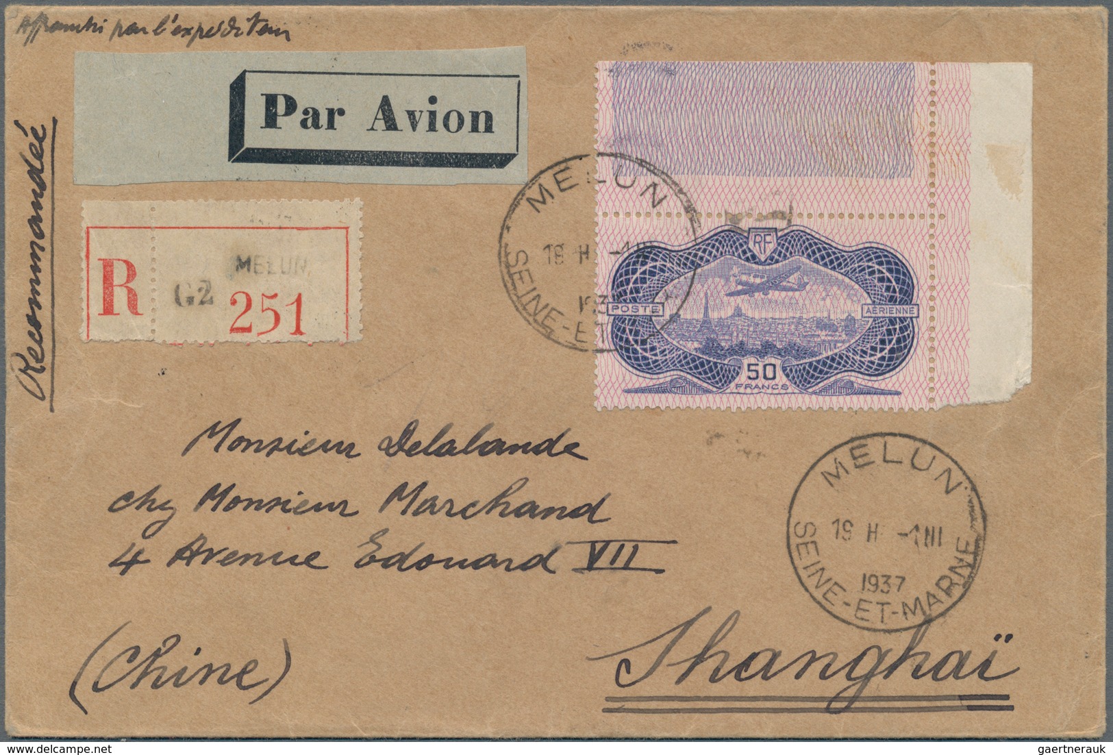 Frankreich: 1936 Air 50fr. Top Right Corner Stamp On Registered Airmail Cover From Melun To SHANGHAI - Covers & Documents