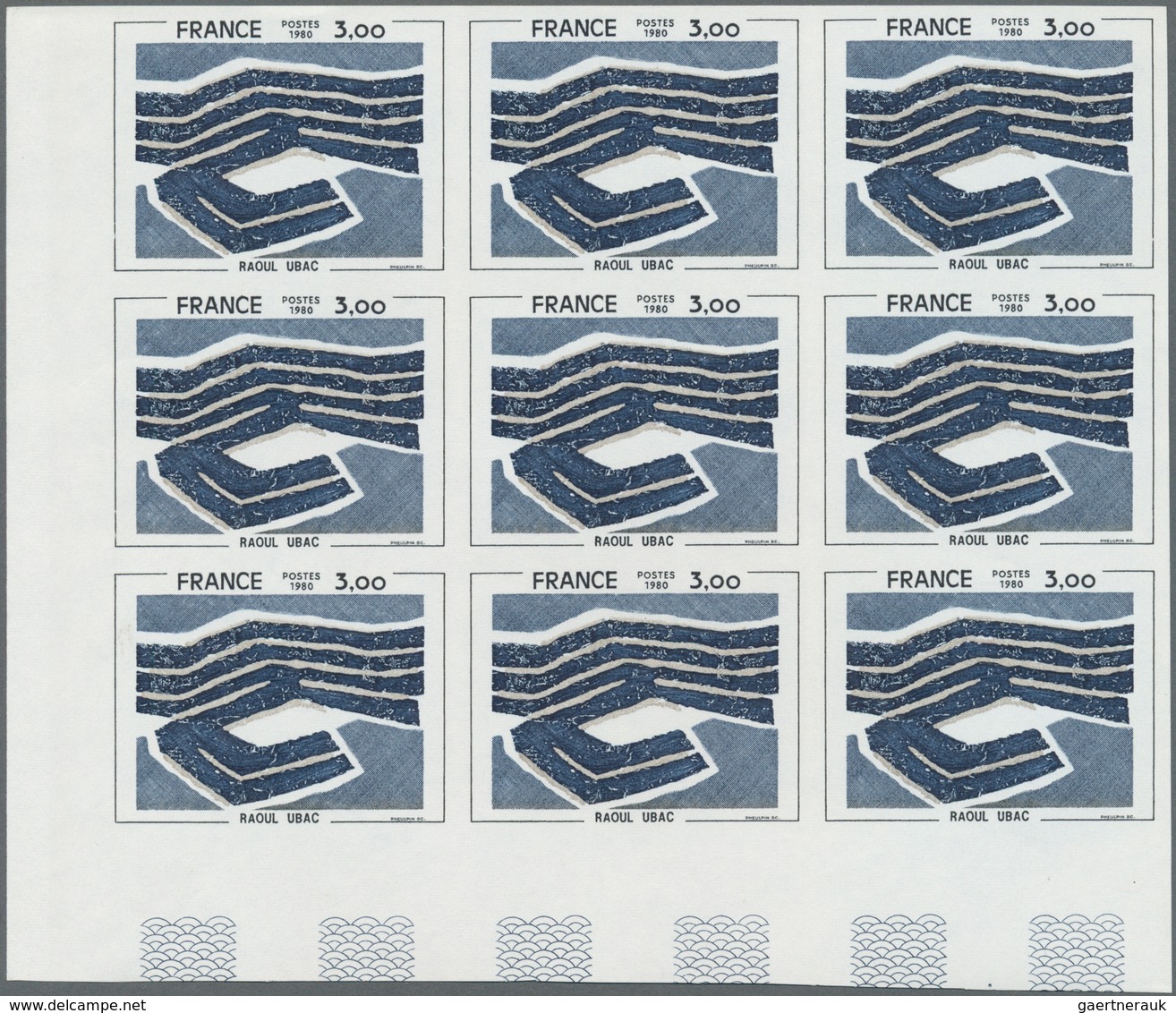 Frankreich: 1978, Painting From Raoul Ubac 3.00fr. IMPERFORATE Block Of Nine From Lower Left Corner, - Covers & Documents