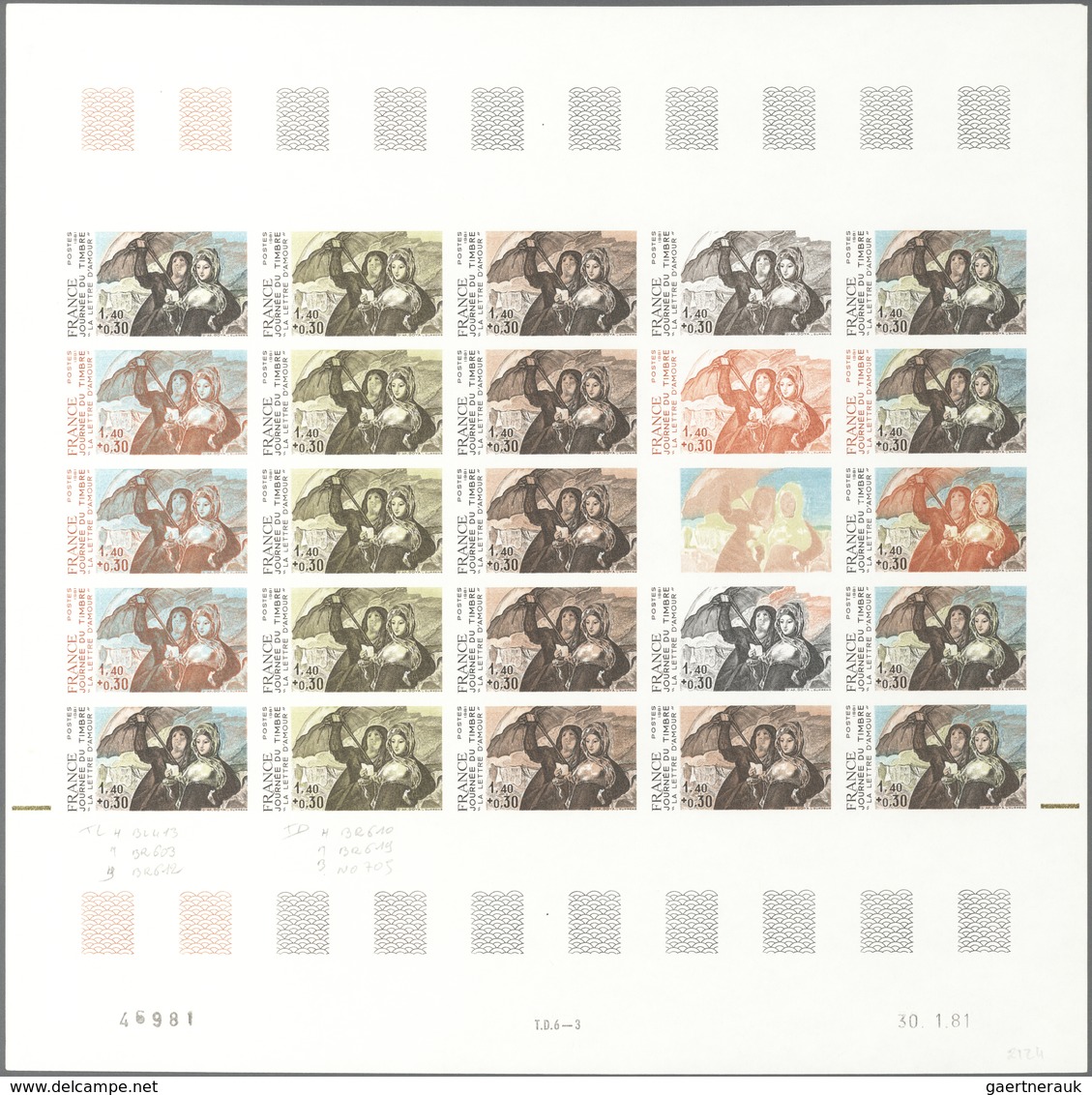 Frankreich: 1981, Stamp Day 1.40 Fr + 0.30 Fr, Sheet With 25 Various Color Samples, Imperforated And - Covers & Documents