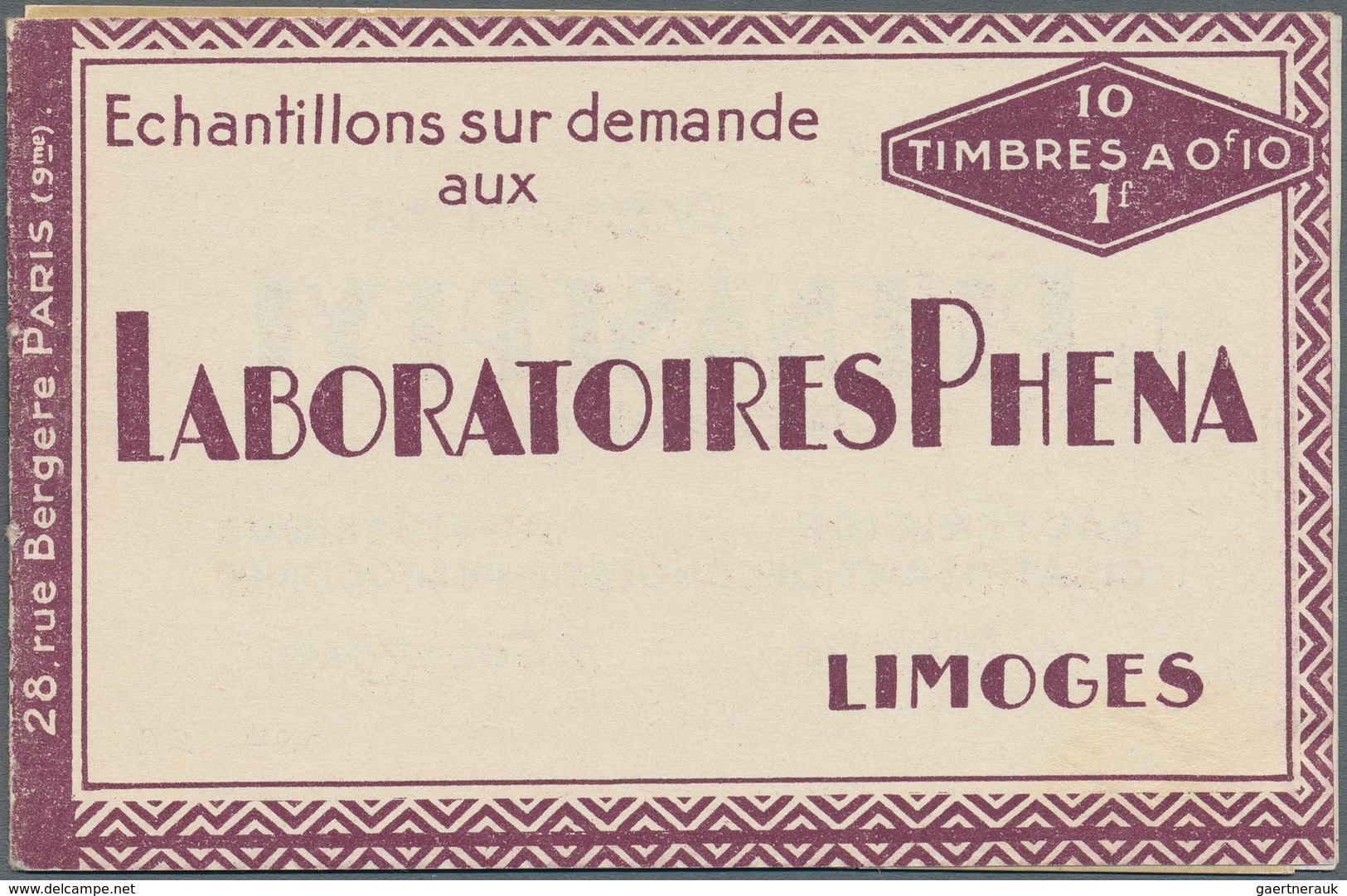 Frankreich - Markenheftchen: 1927, 1fr. Booklet "LABORATOIRES PHENA" Comprising Pane Of 10x10c. Seme - Autres & Non Classés