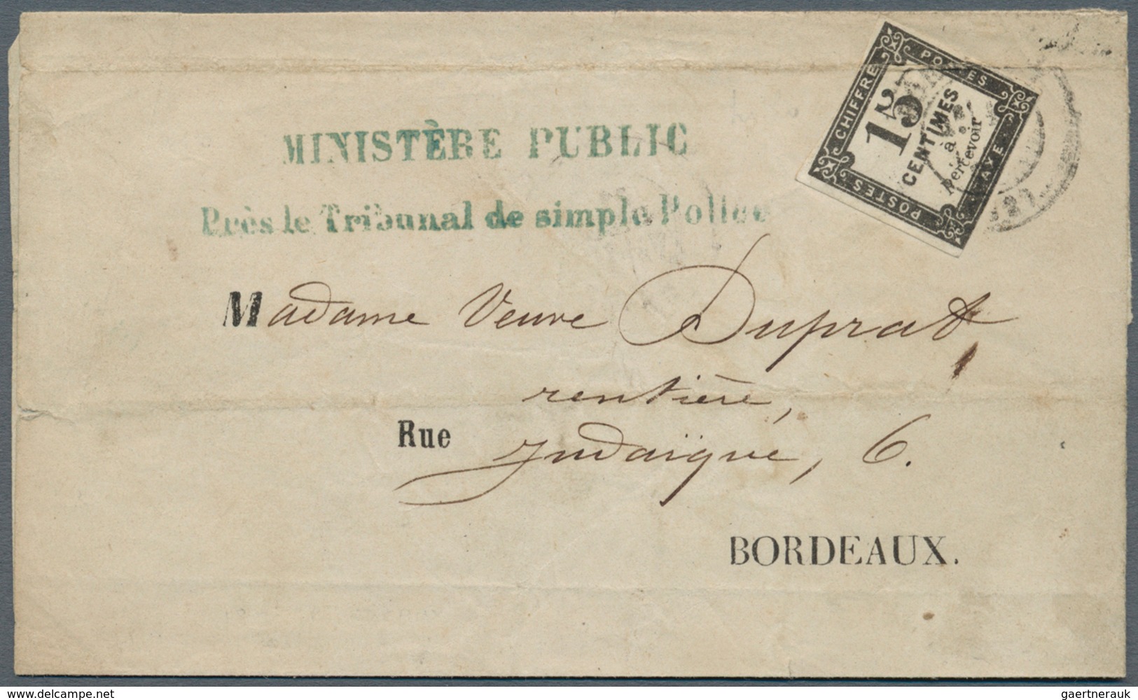 Frankreich - Portomarken: 1870 (ca.), Stampless Folded Wrapper 'Ministere Public' Used To Bordeaux W - 1960-.... Covers & Documents