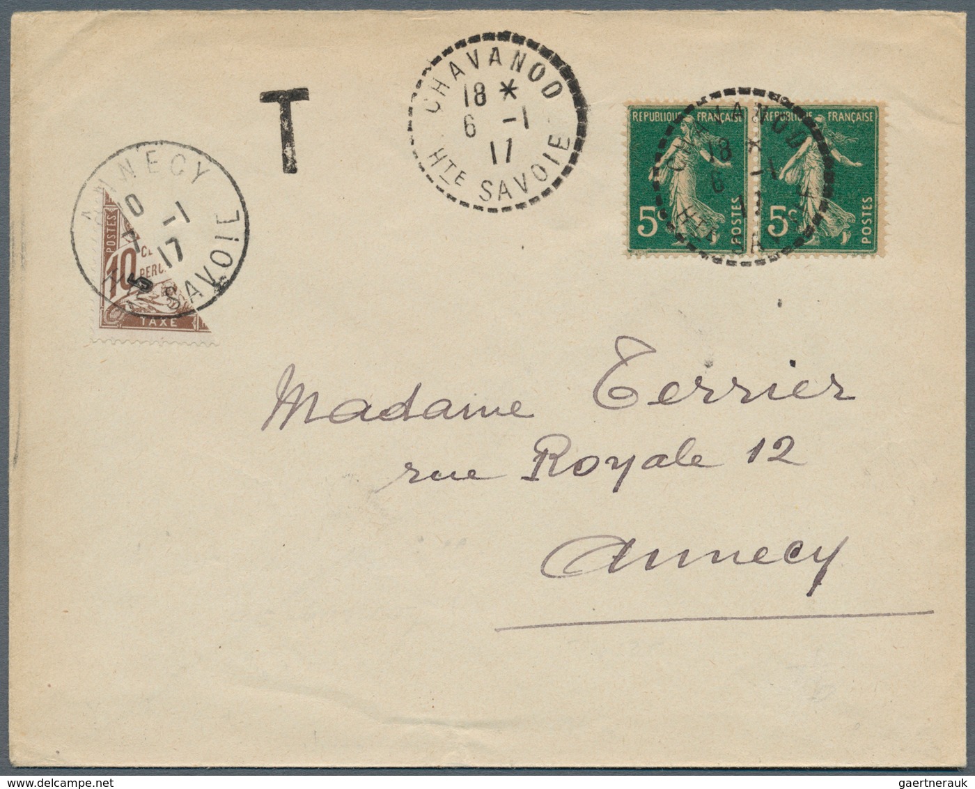 Frankreich - Portomarken: 1917 (6.1.), Underpaid Cover Bearing Horiz. Pair 5c Dark Green Used From C - 1960-.... Lettres & Documents