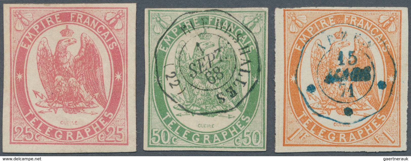 Frankreich - Telegrafenmarken: 1868, Eagle 25 C Unused And 50 C, 1 Fr Used, Signed. (Mi€1.150,-). - Telegraph And Telephone