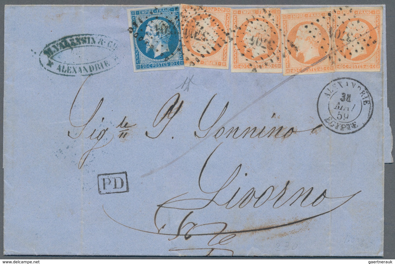 Französische Post In Ägypten - Alexandria: 1859, 4x 40 C Orange And 20 C Blue, On Double Rate Letter - Autres & Non Classés