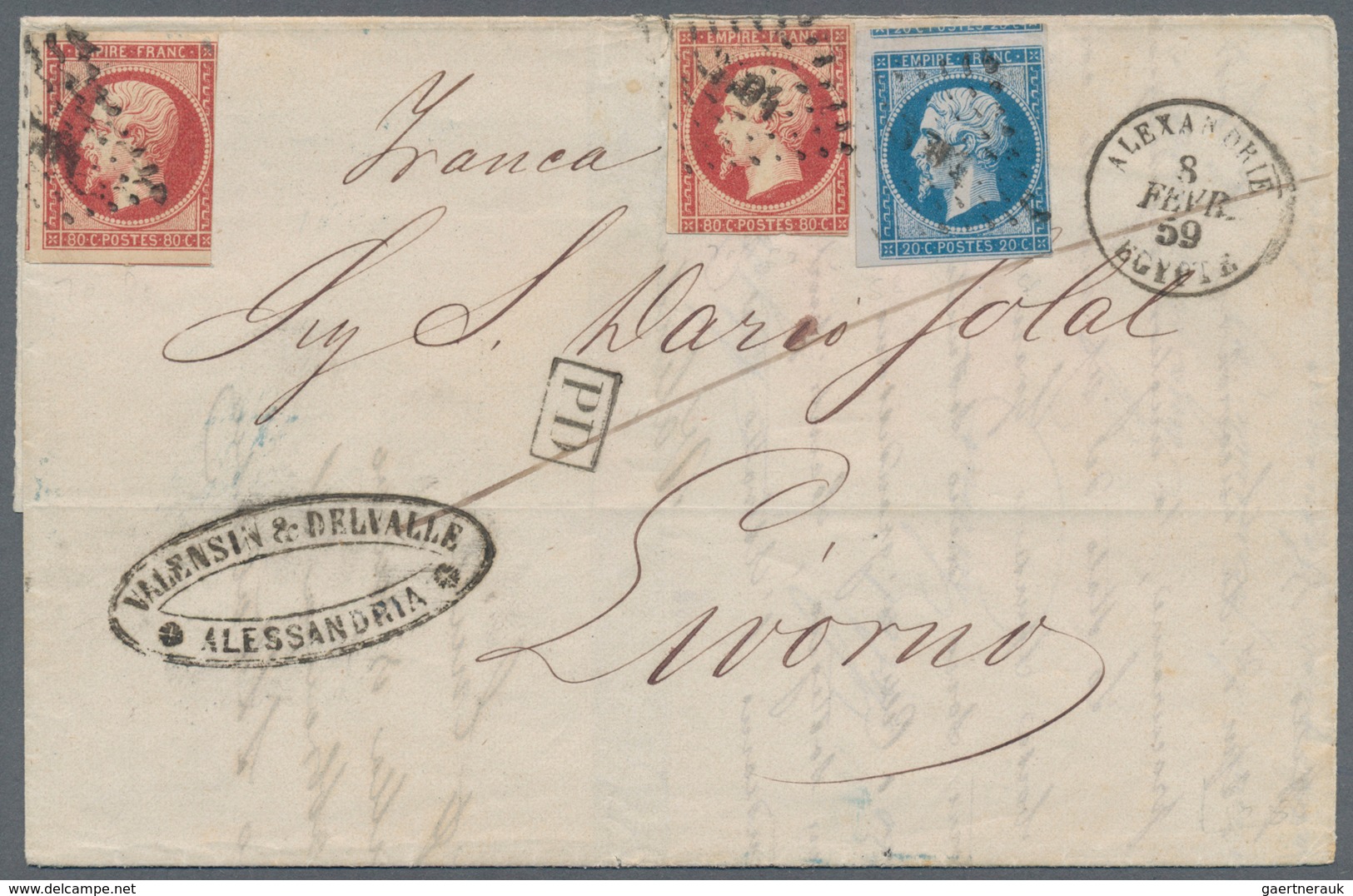 Französische Post In Ägypten - Alexandria: 1859, 2x 80 C Red And 20 C Blue, On A Double Rate Letter - Other & Unclassified