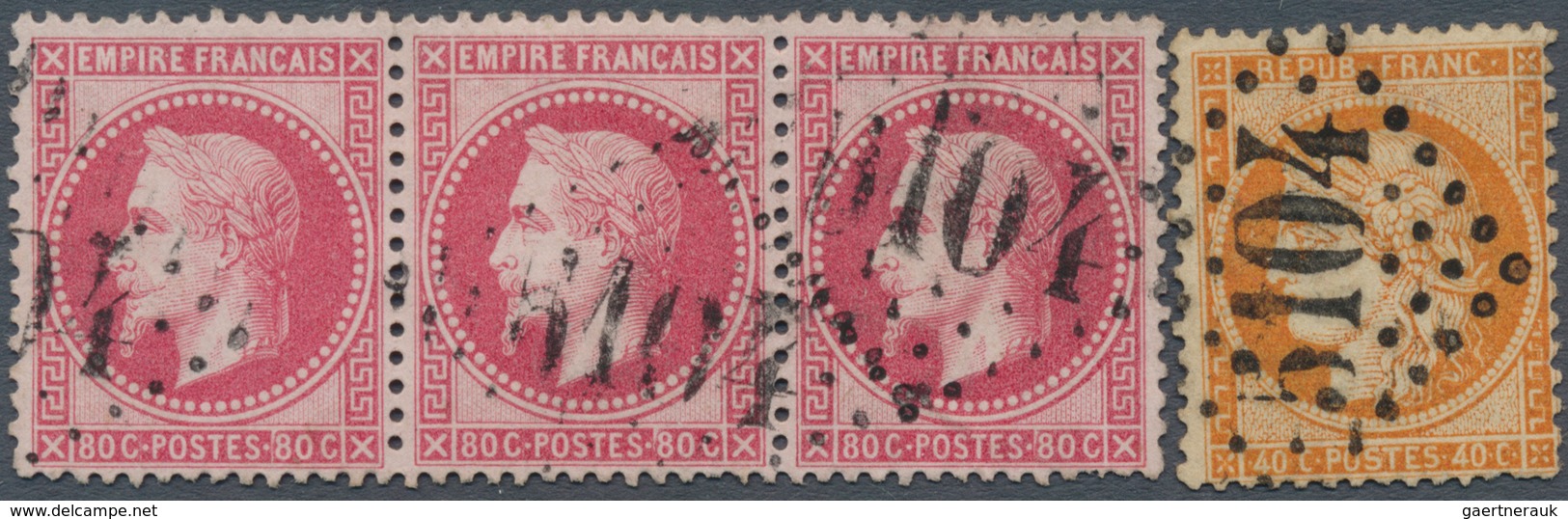 Französische Post In China: 1868/1878, GC "5104" Shanghai, Empire Laure 80c. Rose Horizonal Strip Of - Other & Unclassified