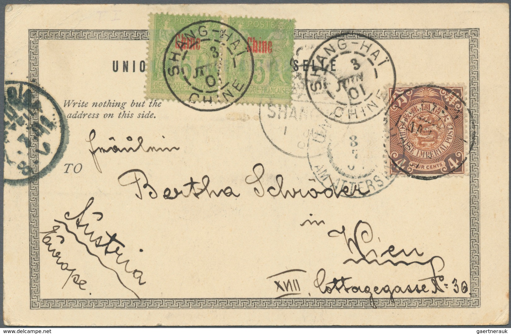 Französische Post In China: 1901, Ppc "Hankow-Russian Bank" Bearing 4c. Brown (slightly Oxidated Col - Autres & Non Classés
