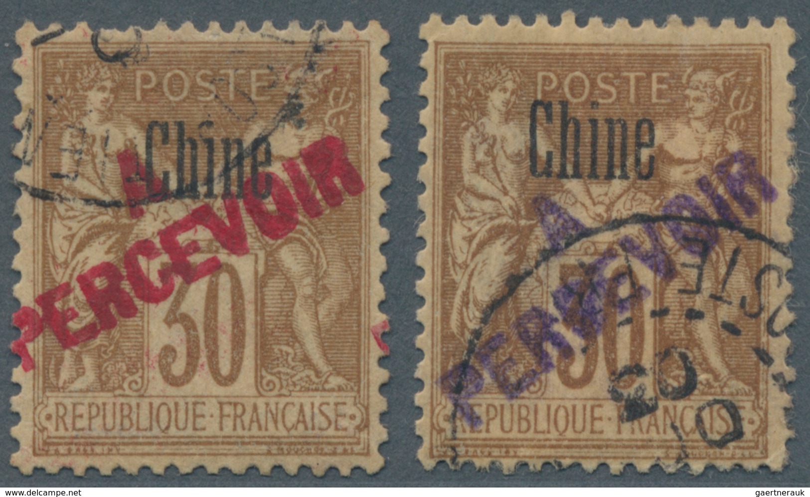 Französische Post In China - Portomarken: 1903, Provisional Handstamps, 30c. Brown With Red Resp. Vi - Autres & Non Classés