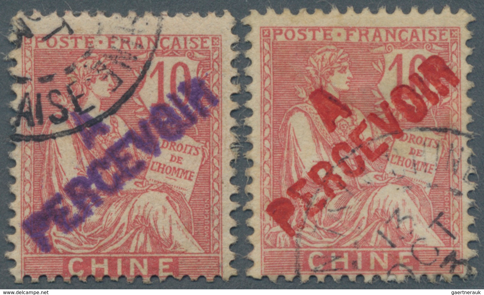 Französische Post In China - Portomarken: 1903, Provisional Handstamps, 10c. Rose With Red Resp. Vio - Sonstige & Ohne Zuordnung