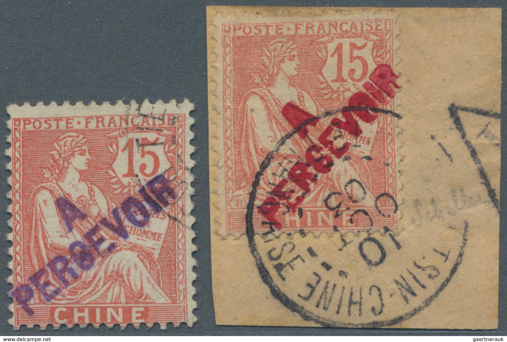 Französische Post In China - Portomarken: 1903, Provisional Handstamps, 15c. Rose With Red Resp. Vio - Sonstige & Ohne Zuordnung