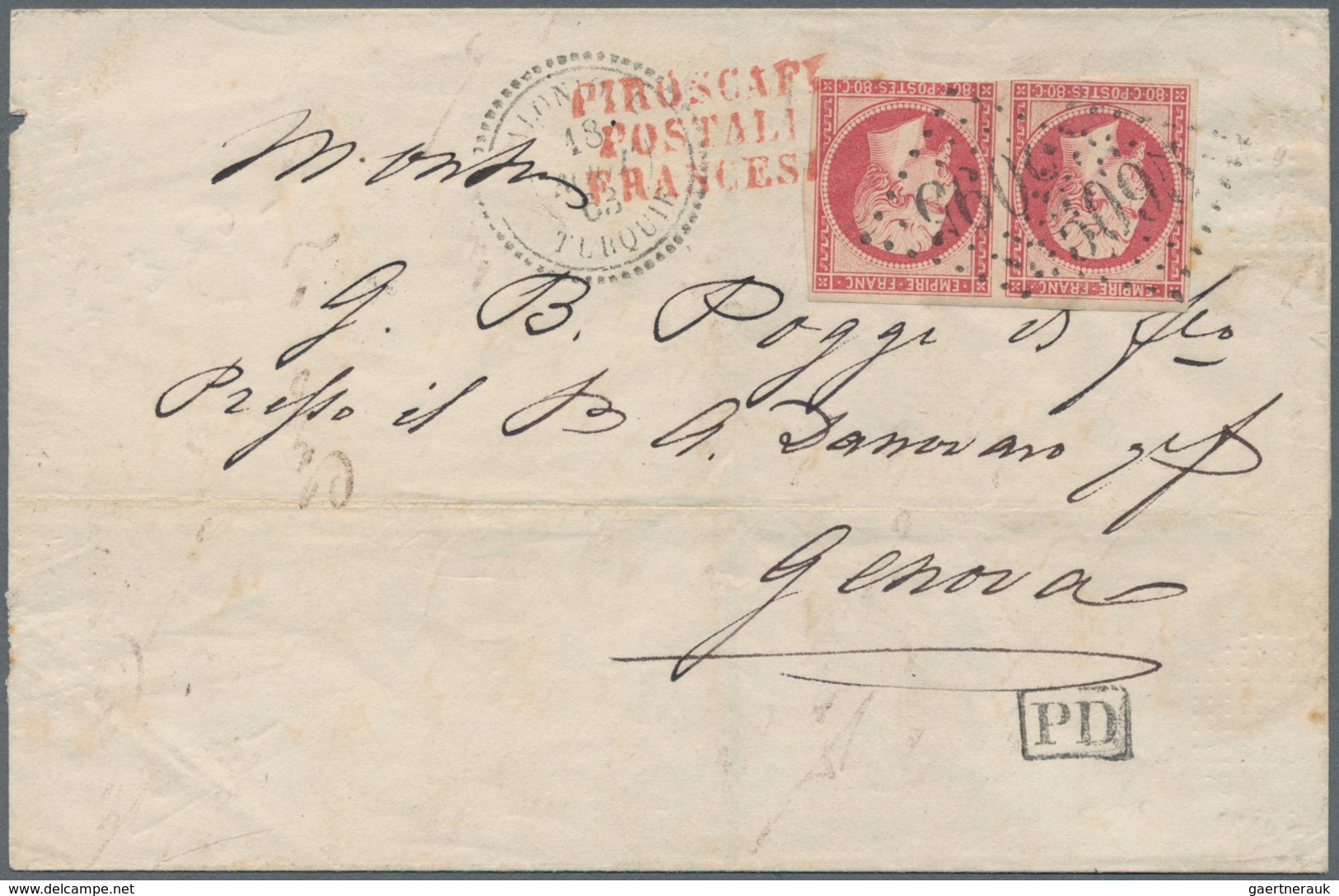 Französische Post In Der Levante: 1863. Envelope Addressed To Italy Bearing France 'Napoleon' Yvert - Autres & Non Classés