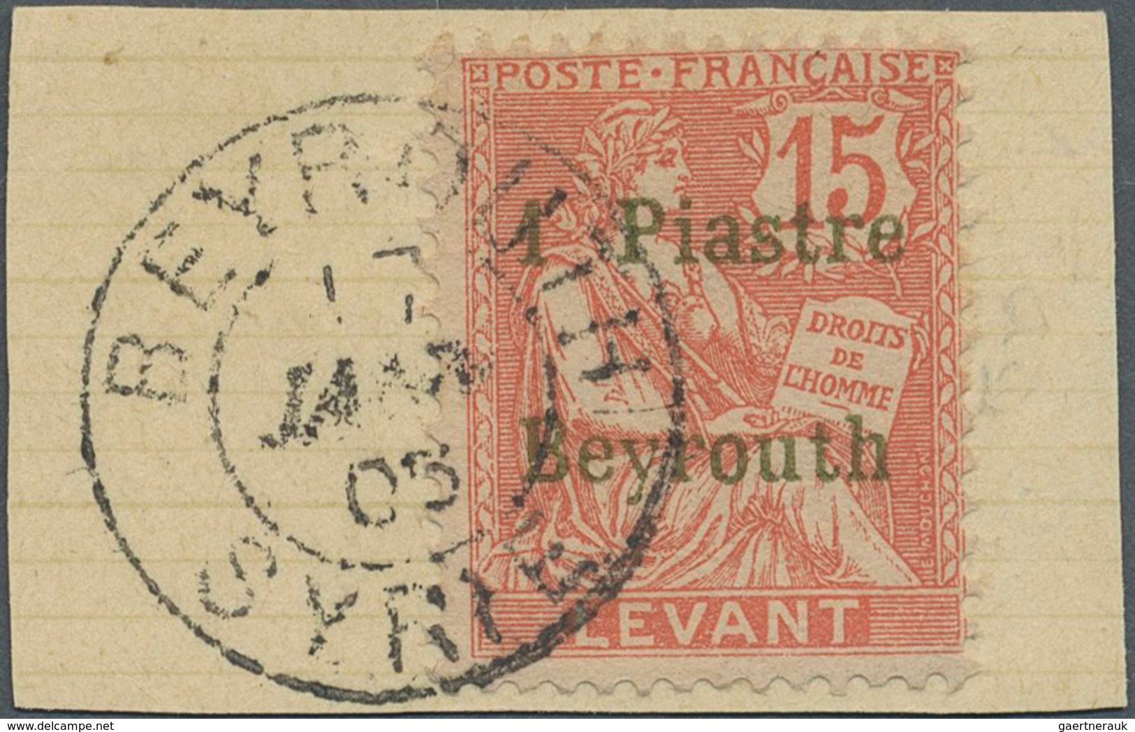 Französische Post In Der Levante: 1905, 15 C. Surcharged "1 Piaster - Beyrouth" On Piece With Clear - Autres & Non Classés