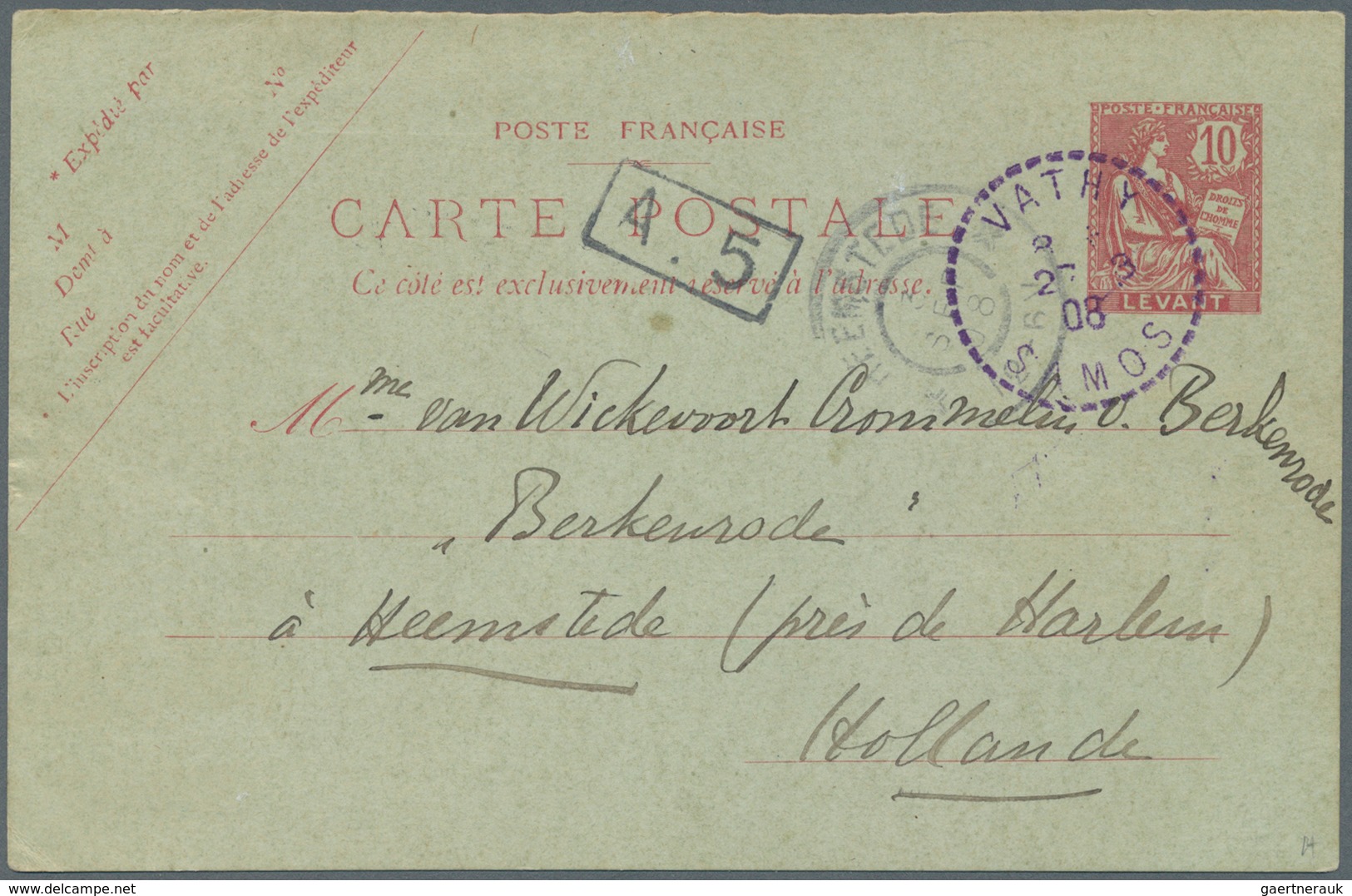 Französische Post In Der Levante: 1908. French 'Type Mouchon' Postal Stationery Card 10c Red Cancell - Autres & Non Classés