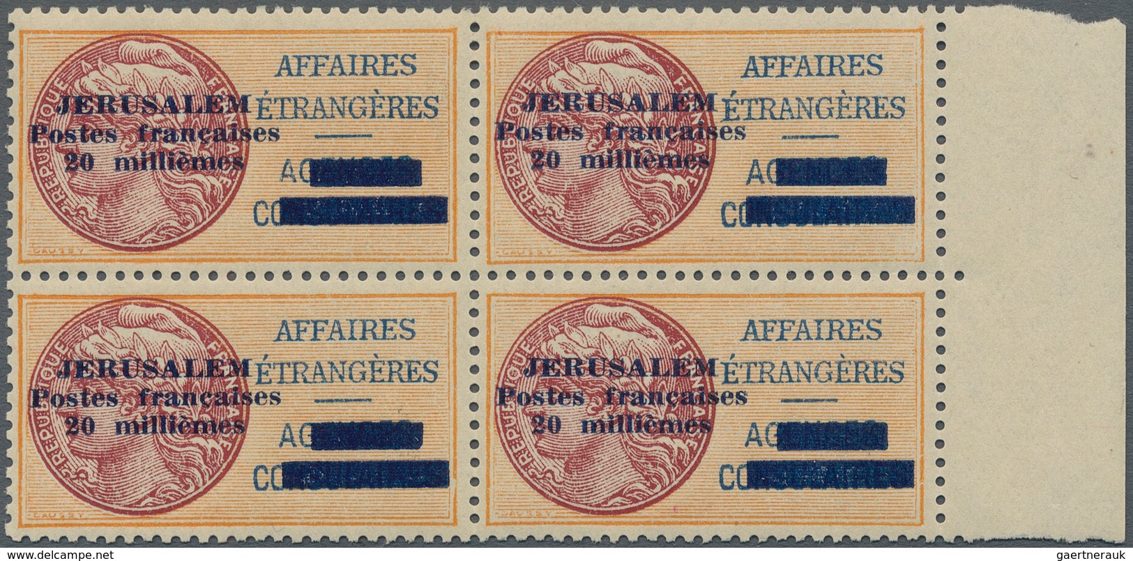 Französische Konsulatspost Jerusalem: 1948, 20 Sts On 6 Fr. In Block Of Four From Right Margin, Sign - Autres & Non Classés