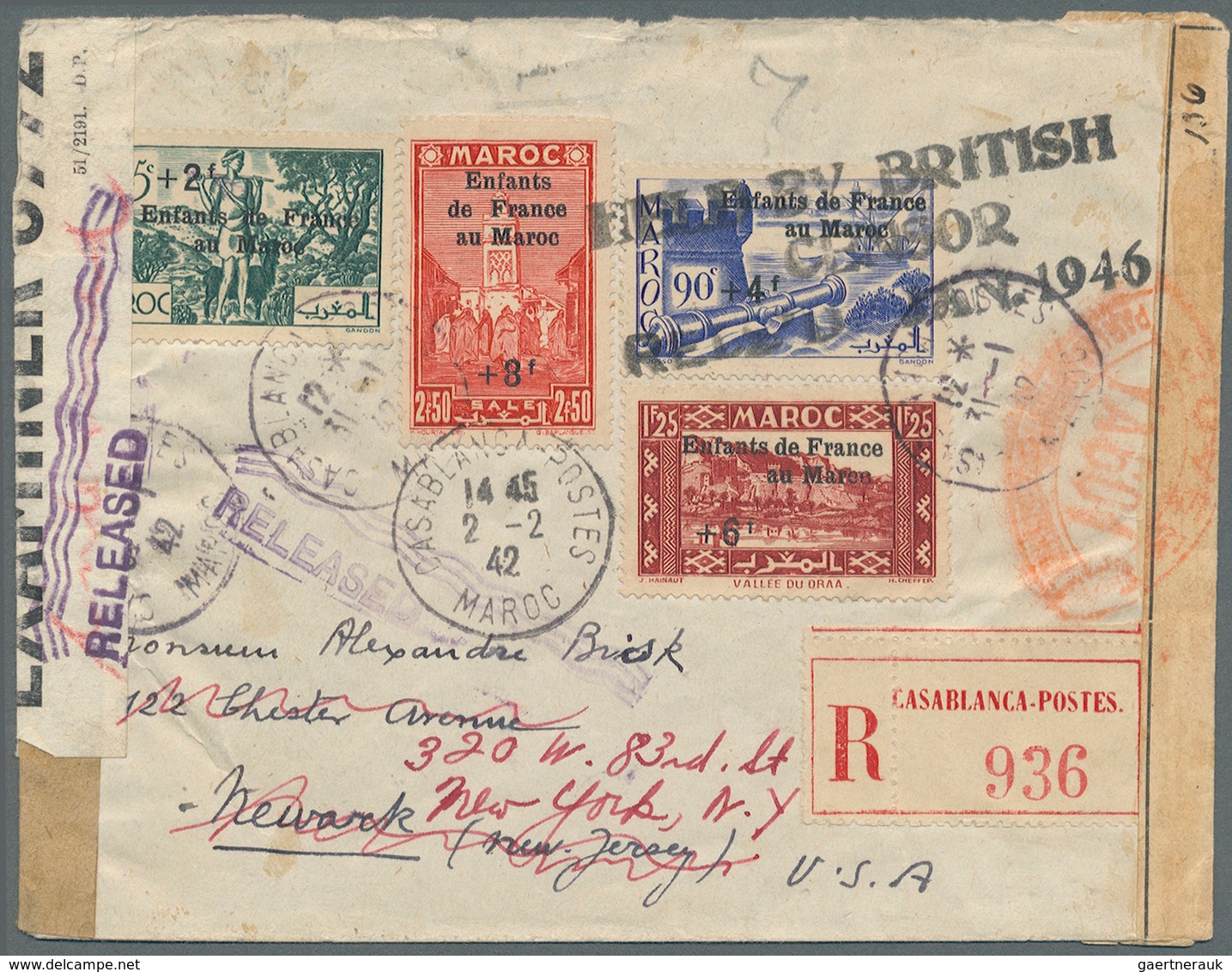 Französische Post In Marokko: 1942. Registered Air Mail Envelope Addressed To The United States Bear - Autres & Non Classés