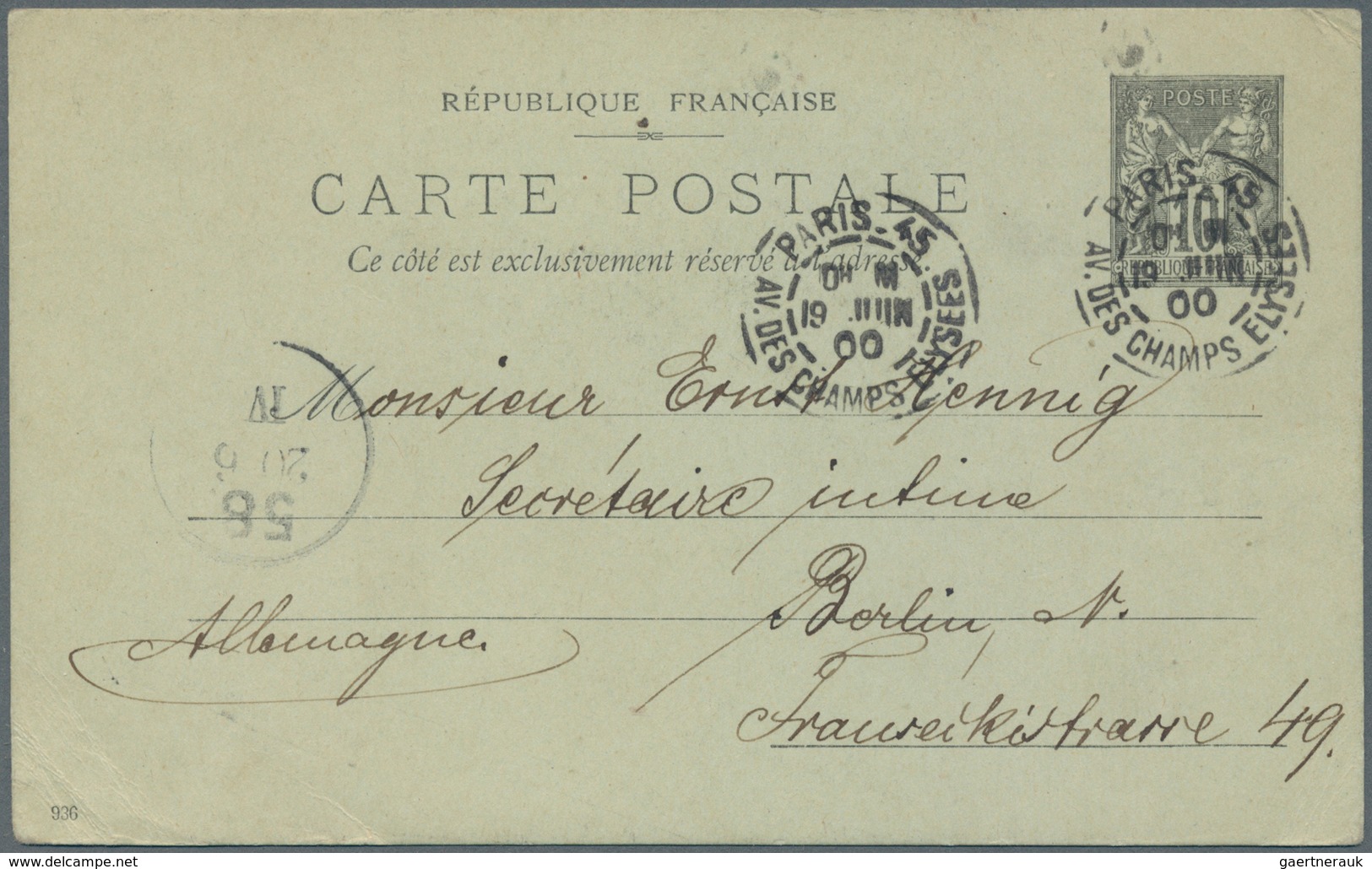 Frankreich - Ganzsachen: 1900, 10 C Black Postal Stationery Souvenir Postcard From Paris To Berlin/G - Other & Unclassified