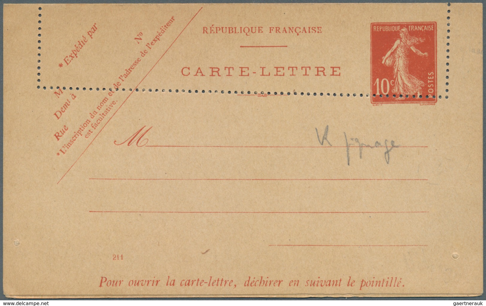 Frankreich - Ganzsachen: 1906, Kartenbrief 10 C Rot (mit No. 211) Mit Totaler Verzähnung Ins Obere D - Other & Unclassified