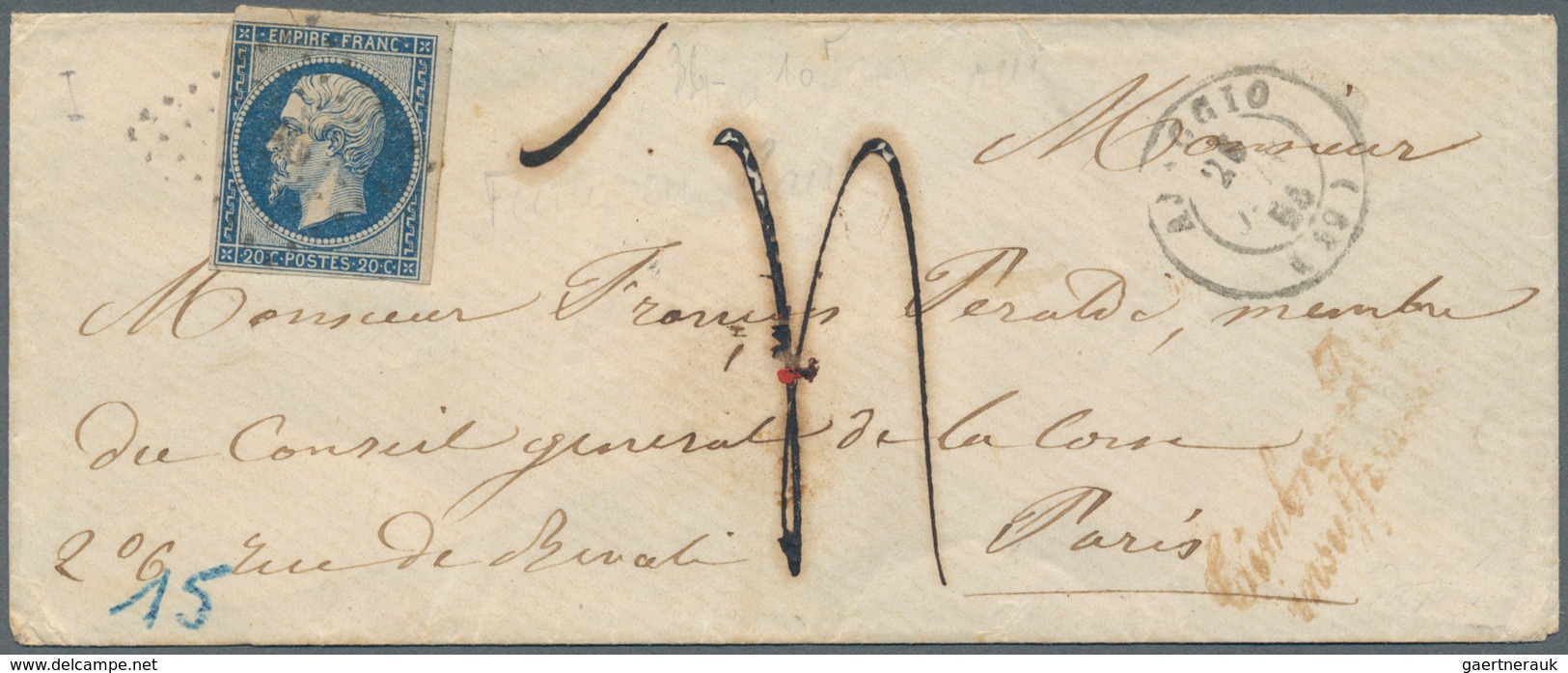 Frankreich - Stempel: Ajaccio 1855. Envelope Addressed To Paris Bearing 'Napoleon ' Yvert 14, 20c Bl - 1877-1920: Période Semi Moderne