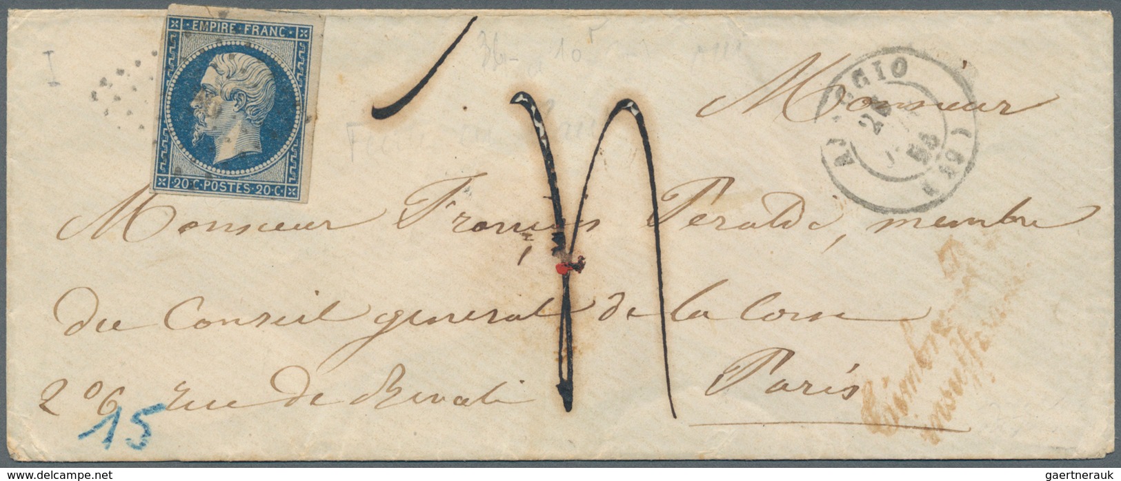 Frankreich - Stempel: Ajaccio 1855. Envelope Addressed To Paris Bearing 'Napoleon ' Yvert 14, 20c Bl - 1877-1920: Semi-Moderne