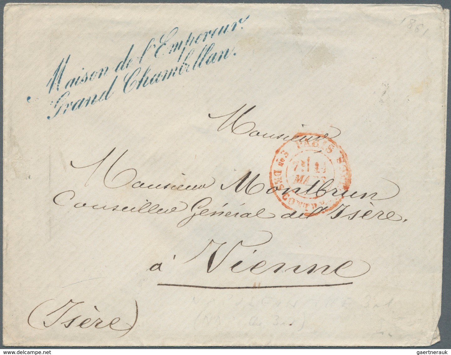 Frankreich - Stempel: 1861, Letter With Blue Two-liners "Maison De L Empereur Grand Chambillan" And - 1877-1920: Période Semi Moderne