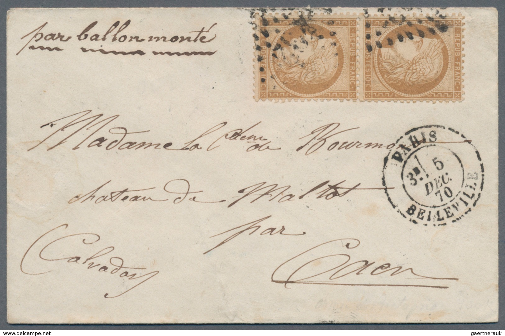 Frankreich - Ballonpost: Ballon "Denis Papin": 1870, Ceres 10 C. Brown, Vertical Pair On Envelope Fr - 1960-.... Covers & Documents