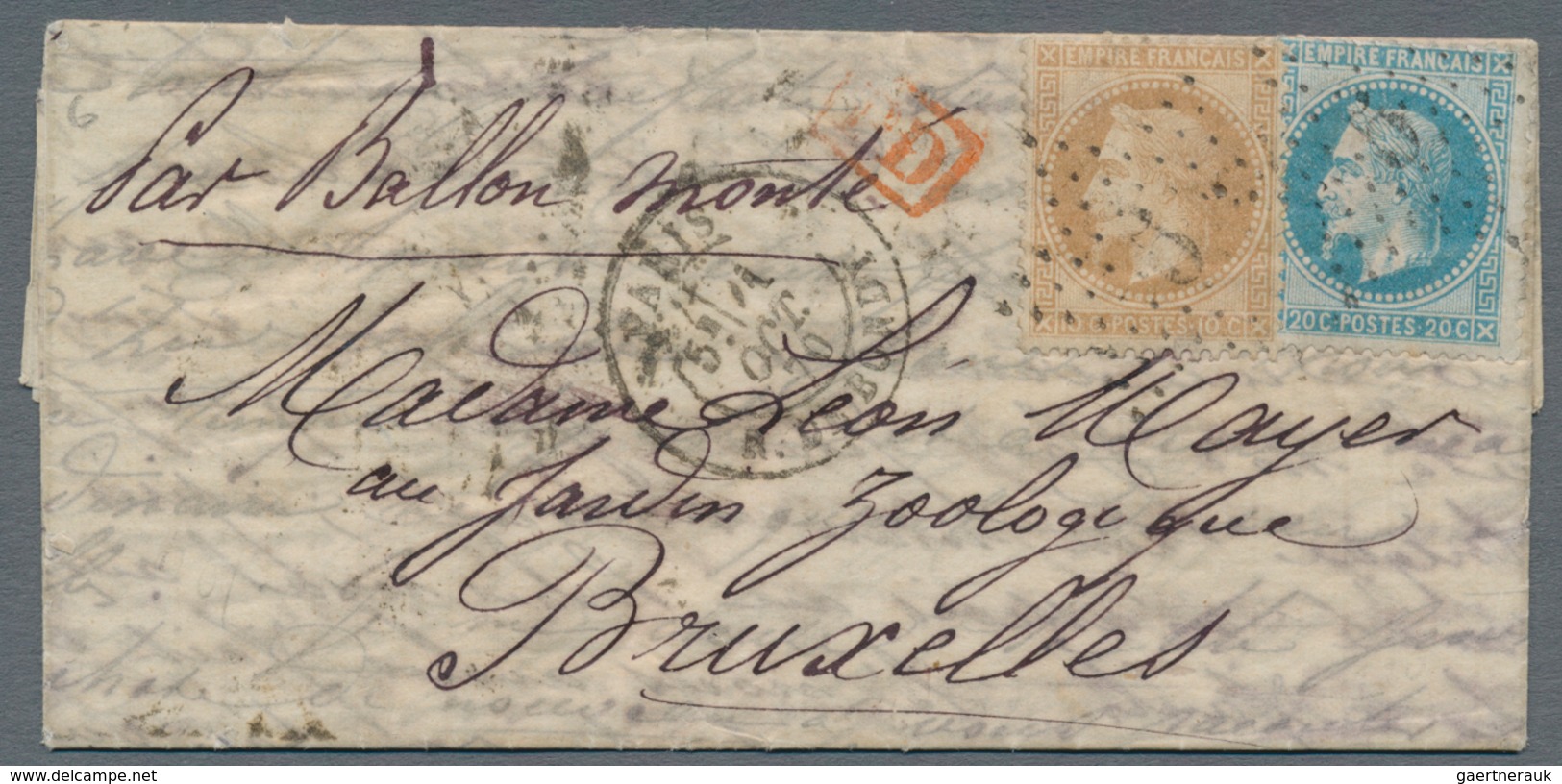Frankreich - Ballonpost: Ballon "George-Sand": 1870, Lauré 20 C. Blue 10 C. Brown Tied By GC "5" To - 1960-.... Lettres & Documents