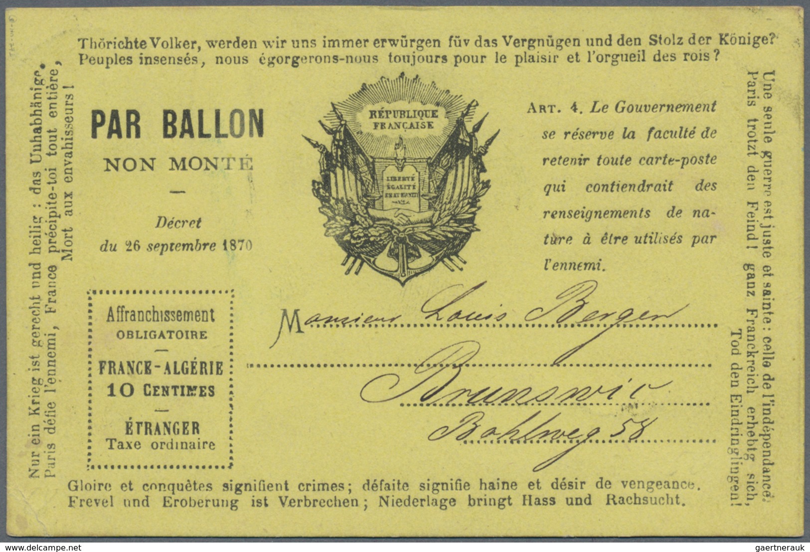 Frankreich - Ballonpost: 1872 THE ONLY KNOWN POSTALLY USED EXAMPLE OF THE PROPAGANDA "PAR BALLON MON - 1960-.... Lettres & Documents