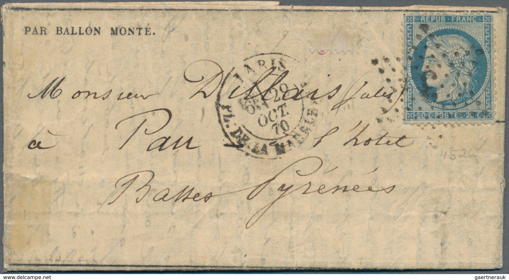 Frankreich - Ballonpost: 1870, Ceres 20 C. Blue Tied By Star Cancel „3” To Folded Letter „Ballon Mon - 1960-.... Lettres & Documents