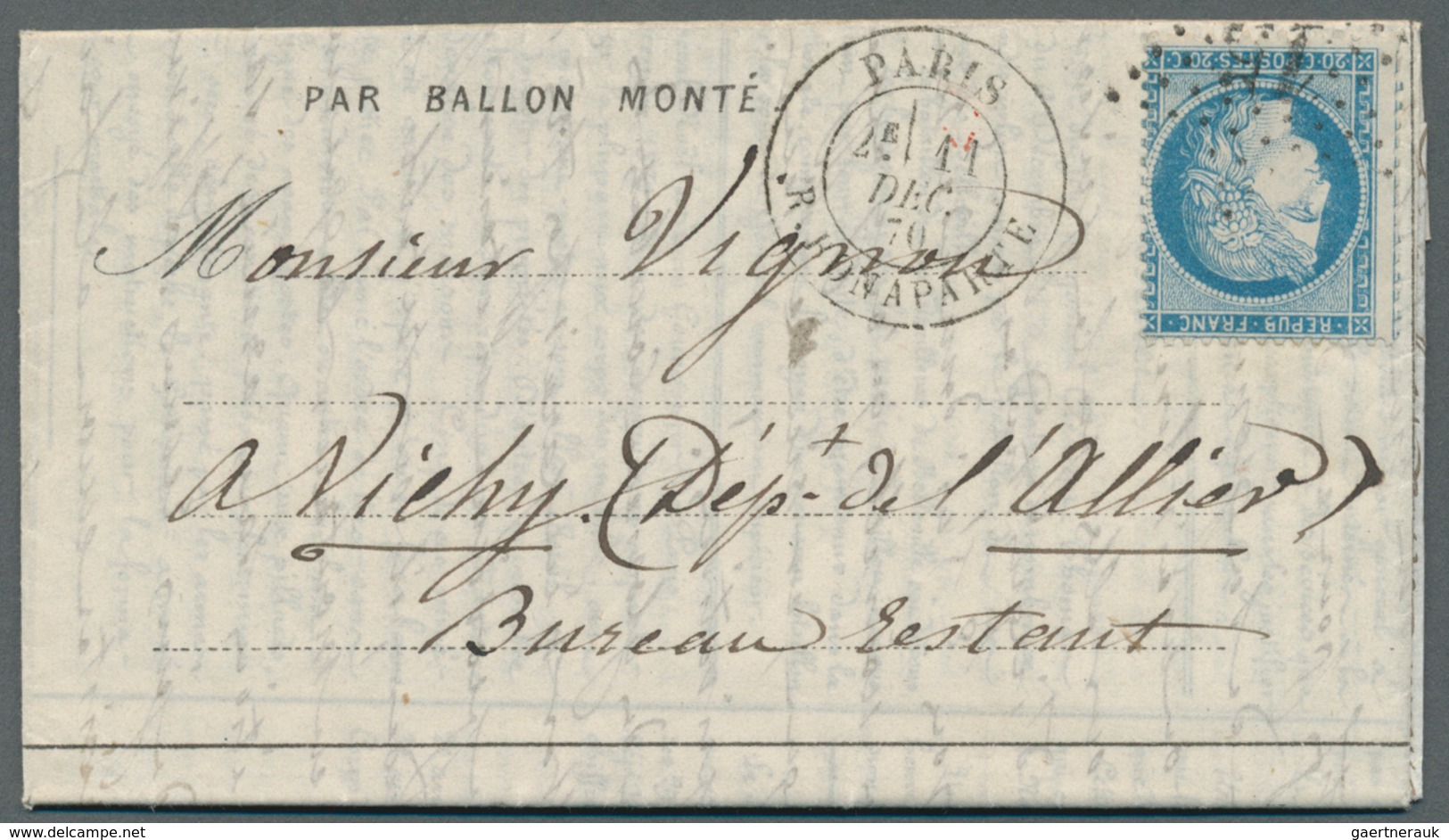 Frankreich - Ballonpost: 1870, "LE VILLE DE PARIS", Printed "Depeche Ballon" 9 Dec With Comprehensiv - 1960-.... Covers & Documents