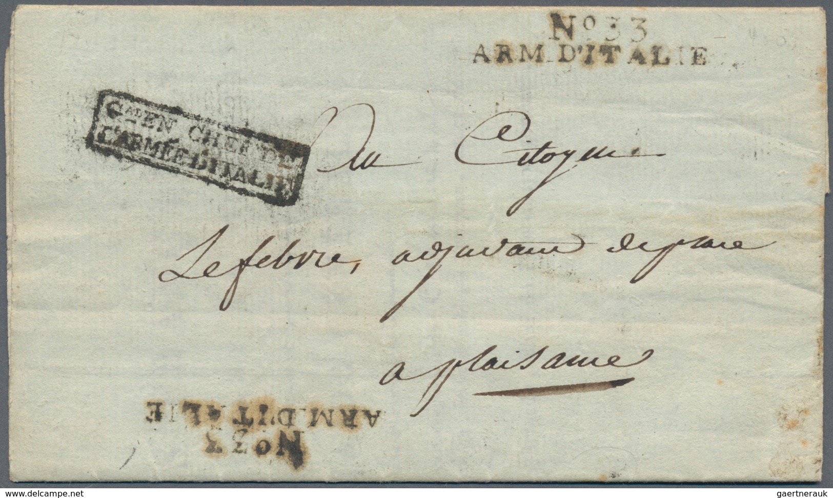 Frankreich - Militärpost / Feldpost: 1802 "Nº 33 ARM. D'ITALIE" (deux Frappes De Ce Cachet Sur La Mê - Militärische Franchisemarken