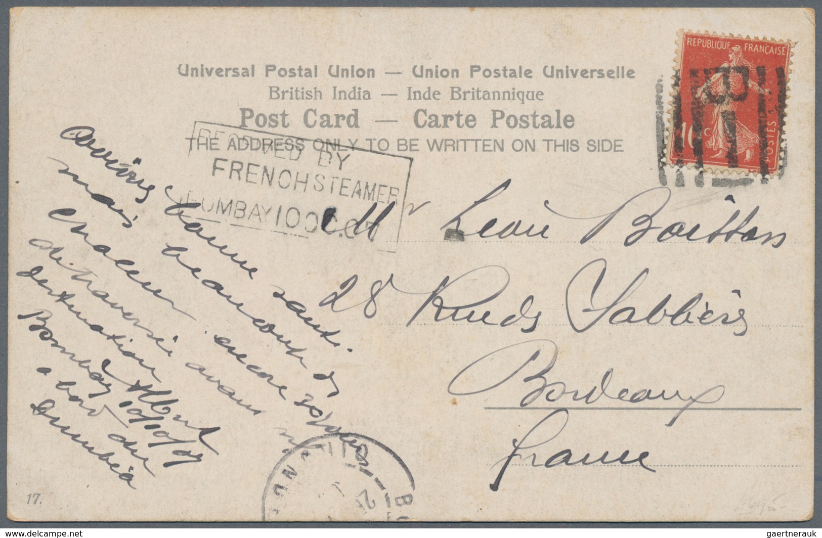 Frankreich - Schiffspost: 1907. Picture Post Card Written From Bombay Addressed To France Bearing Fr - Sonstige & Ohne Zuordnung