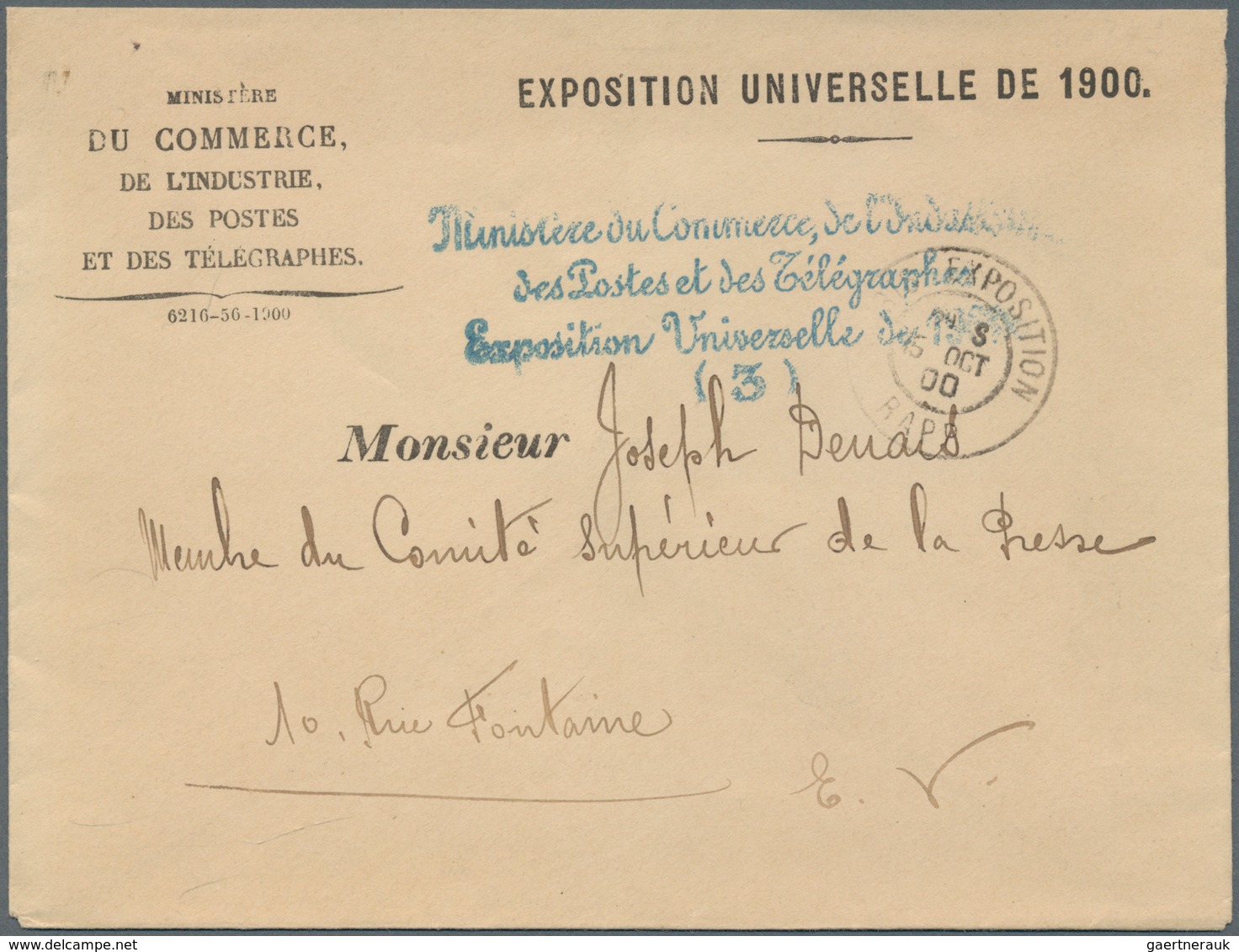 Frankreich - Besonderheiten: 1900, "EXPOSITION UNIVERSELLE DE 1900" Official Cover With A Blue Hands - Sonstige & Ohne Zuordnung