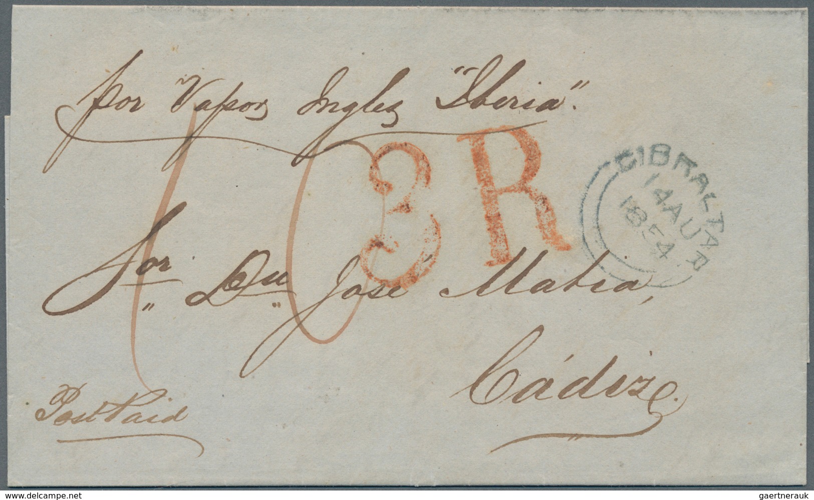 Gibraltar: 1854. Stamp-less Envelope Written From Gibraltar Dated '14th Aug 1854' Addressed To Cadiz - Gibraltar