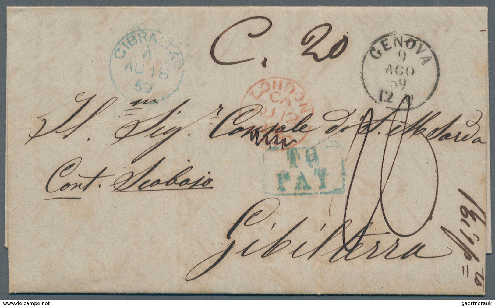 Gibraltar: 1857. Stampless Envelope Written From Genova Dated '9 August 59' Addressed To Gibraltar C - Gibraltar