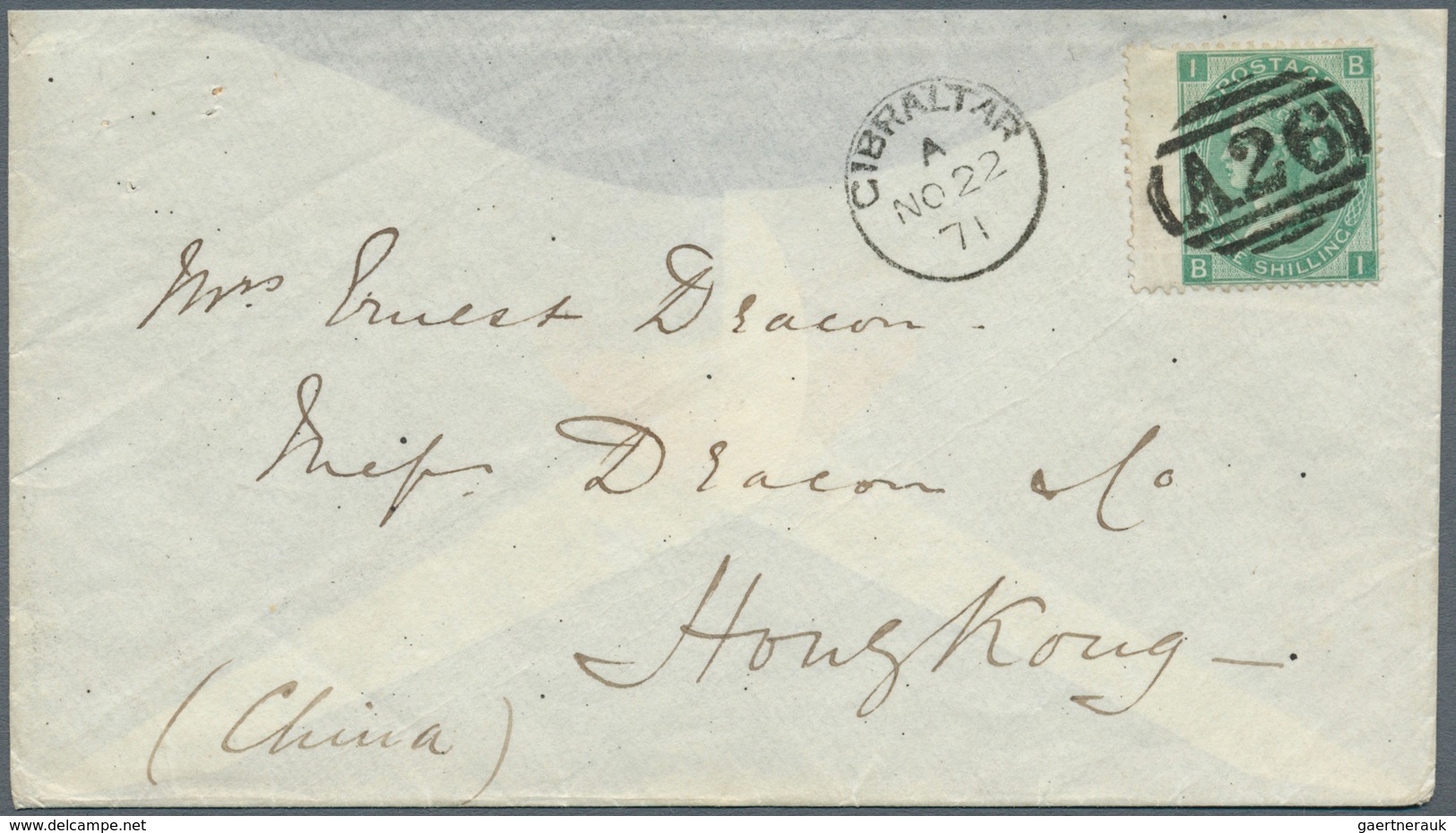 Gibraltar: 1871. Envelope (flap Missing) Addressed To Hong Kong, China Bearing Great Britain SG 117, - Gibraltar