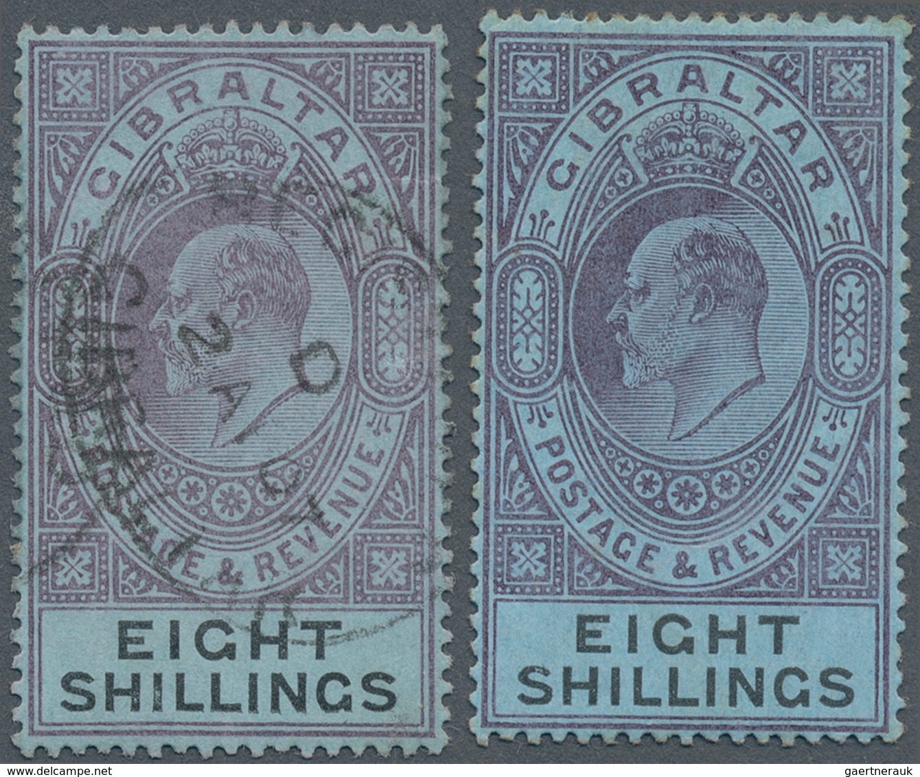 Gibraltar: 1903, KEVII 8s. Dull Purple And Black/blue Wmkd. Crown CA, Two Stamps Incl. One Mint Hing - Gibraltar