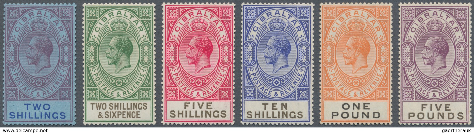Gibraltar: 1925/1927, KGV, 2s.6d. To £5, Six Values Complete, Fresh Colours And Well Perforated, Min - Gibraltar