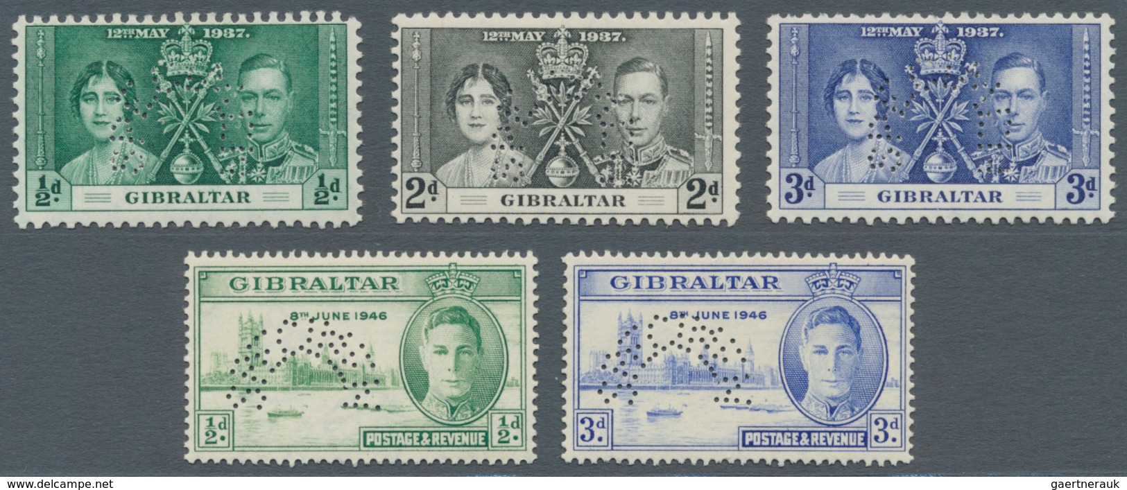 Gibraltar: 1937/1946, Coronation And Victory Issues Perforated 'SPECIMEN' Complete Sets Of Three (mi - Gibraltar