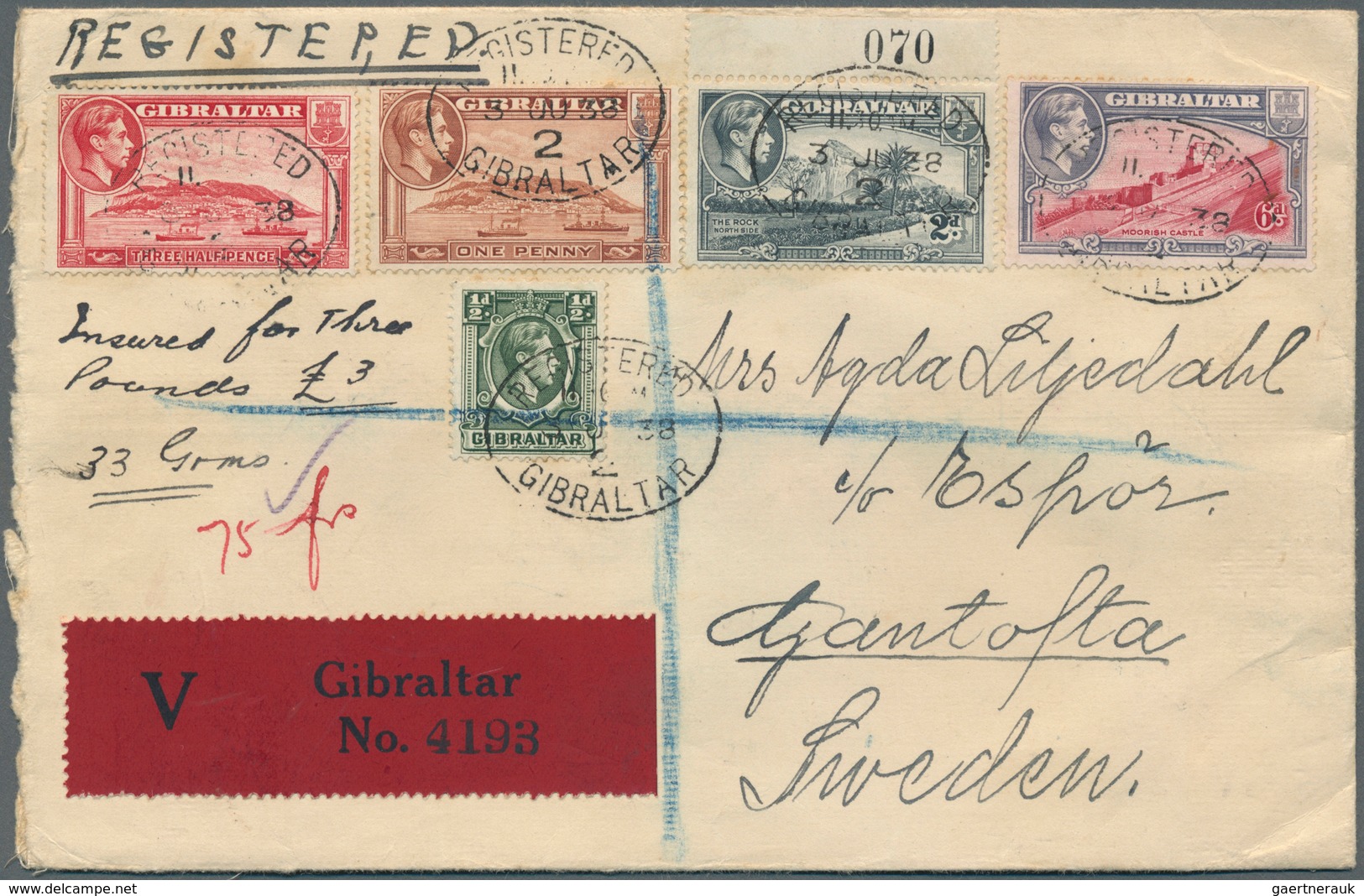 Gibraltar: 1938. Regislered And Insured Envelope Addressed To Sweden Bearing SG 123, 1½d Carmine, SG - Gibraltar