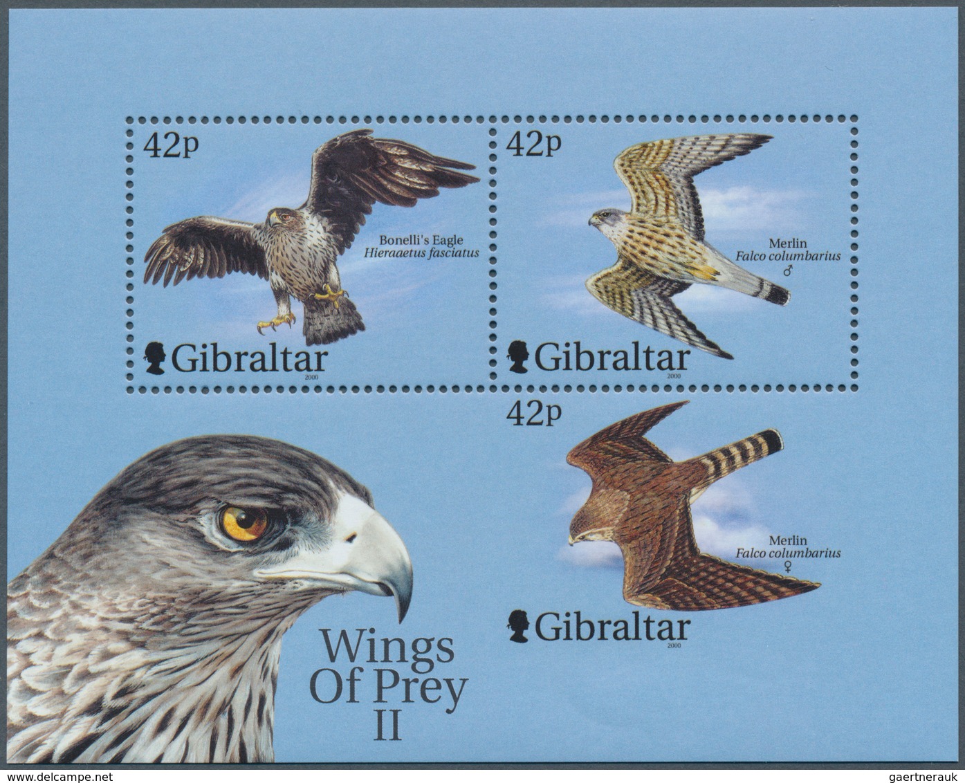 Gibraltar: 2000, Birds Of Prey, Souvenir Sheet With Missing Perforation At "Merlin (Falco Columbariu - Gibraltar