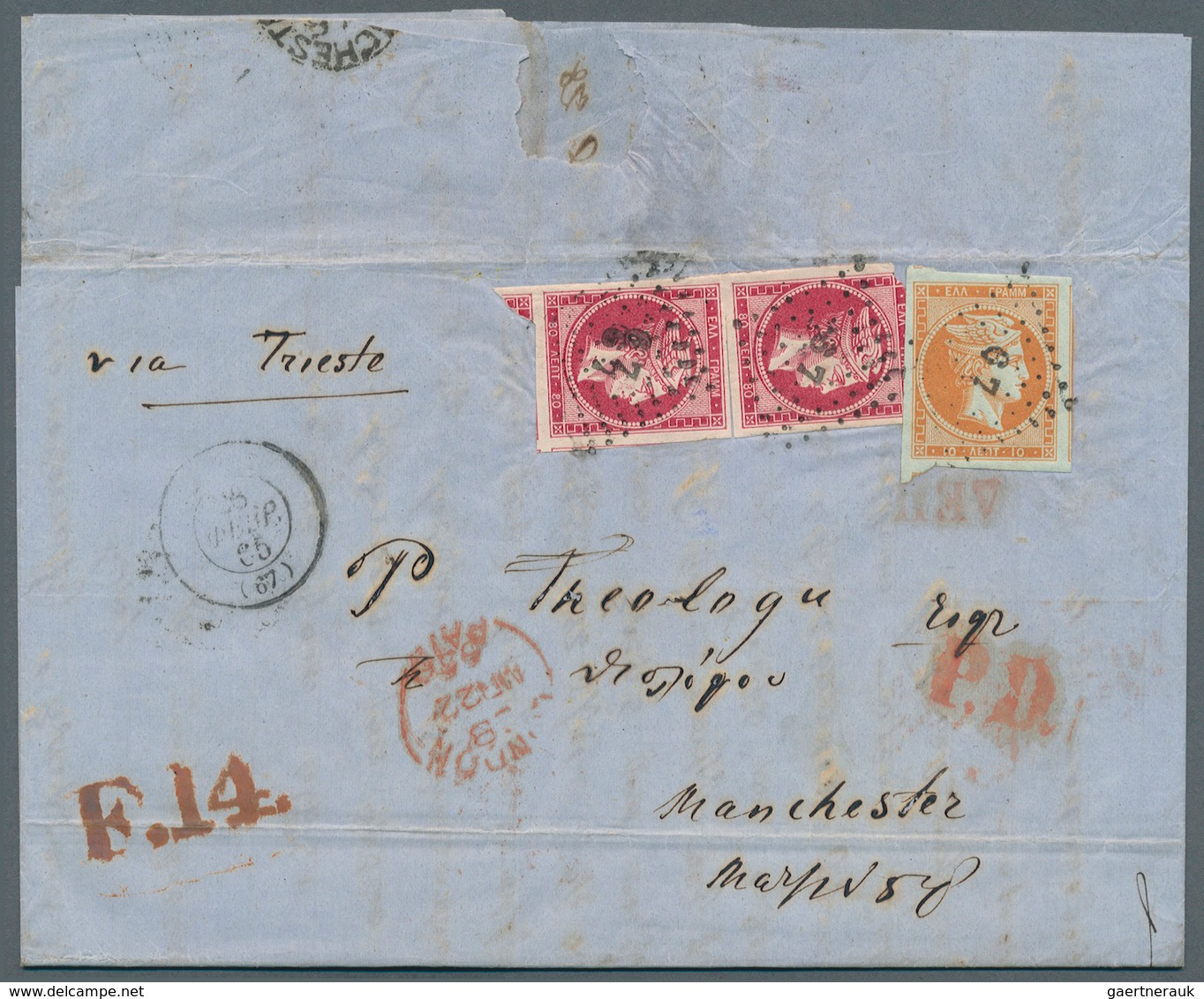 Griechenland: 1865. Folded Letter Sheet Addressed To Manchester Bearing 'Large Hermes' Yvert 13, 10L - Autres & Non Classés