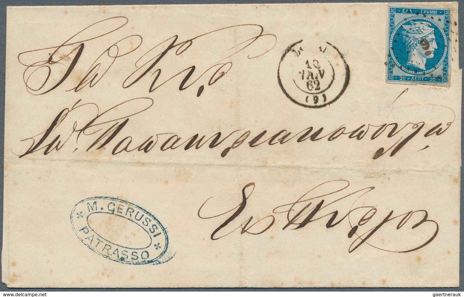 Griechenland: 1861, Paris Printing 20 L. Blue On Blueish On Folded Envelope Clear Tied By "9" In Dia - Autres & Non Classés