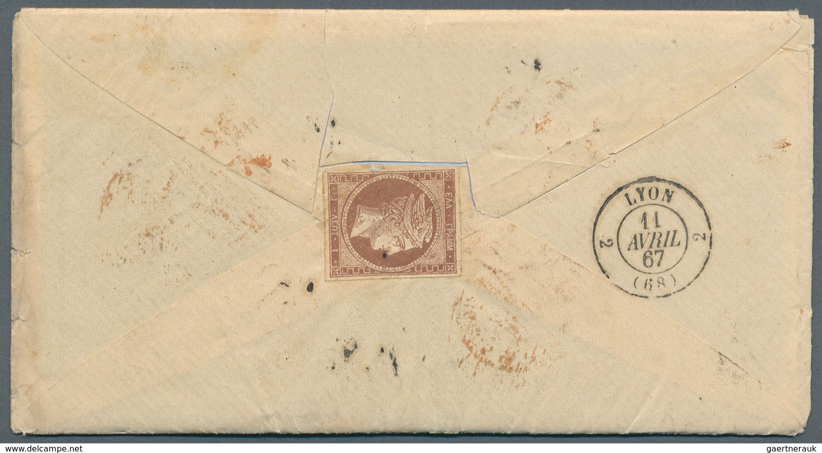 Griechenland: 1867. Envelope Addressed To France Bearing 'Large Hermes' Yvert 17, 1L Brown, Yvert 47 - Other & Unclassified