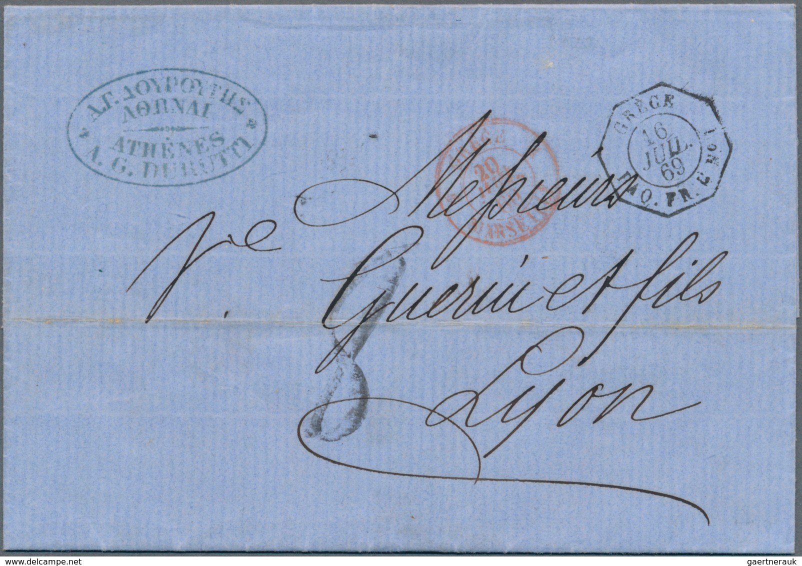 Griechenland: 1869: Stampless Folded Letter With Full Content From Athens To Lyon, Transported On Pa - Autres & Non Classés