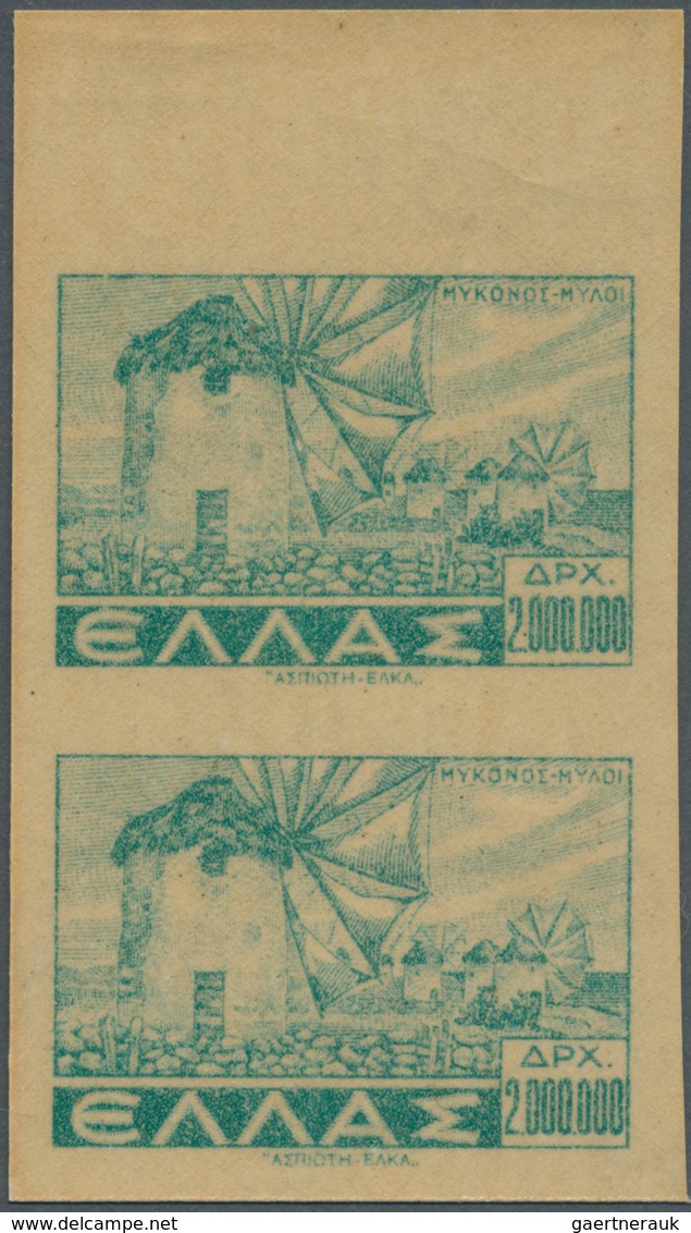 Griechenland: 1944, 2 Mio Dr Blue-green "landscapes", Imperforated Vertical Pair From Upper Sheet Ma - Other & Unclassified