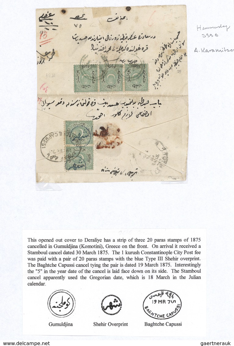 Griechenland - Stempel: 1875, 20 Pa. Green Strip Of Three On Cover Tied By All Arabic "GÜMÜLCINE" (K - Marcophilie - EMA (Empreintes Machines)